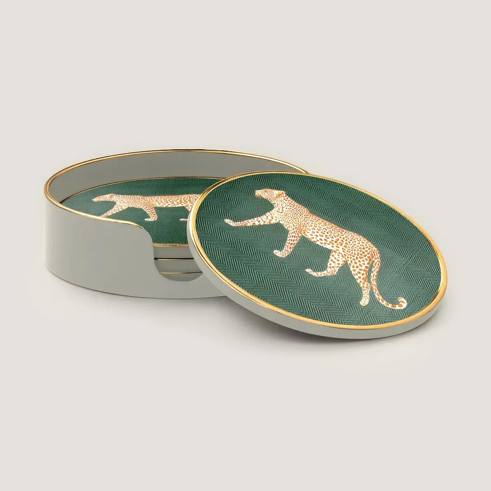 Vintage Animal Leopard Pattern Glass Coaster Set with Storage Caddy, Elegant Gold Edge Cup Mats for Living Room Kitchen Tabletop Decoration Gift