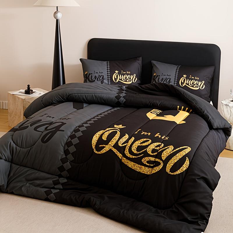 3pcs Super Soft Breathable Quilt Set - Black Grey Color Blocking, Thickening Crown Letter Design | 1 Comforter + 2 Pillowcases, 180gsm Quilting, Digital Printing for Bedroom