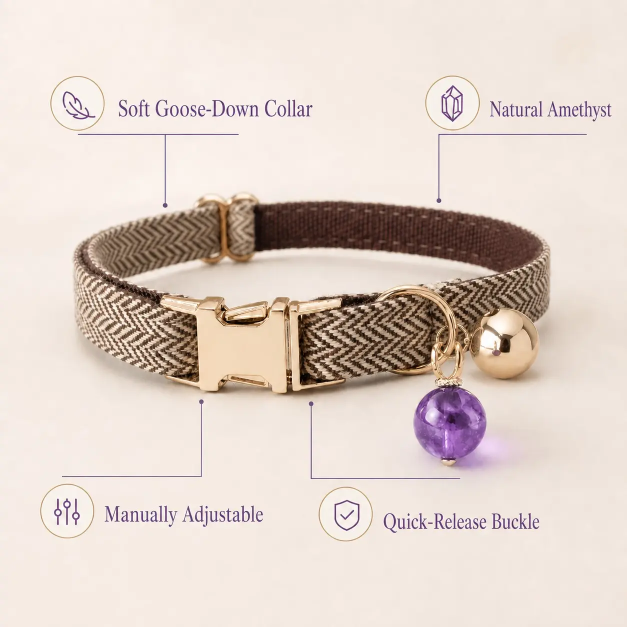 (26-32cm)Luxury Pet Amethyst Necklace Set, Vintage Elegance, 925 Silver Color Calming Collar, Anxiety Relief, Gift for Pets & Owners