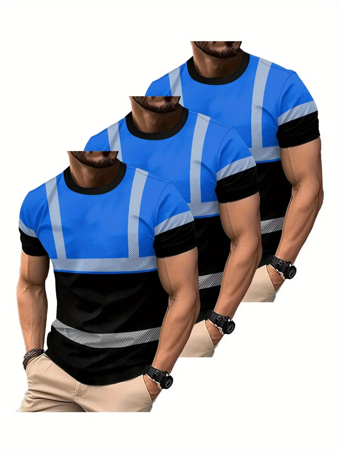 3pcs Hi-Vis Reflective Work T-Shirts for Men, Breathable Safety Short Sleeve Tops, Ideal for Construction Workers, Spring & Fall Casual Wear