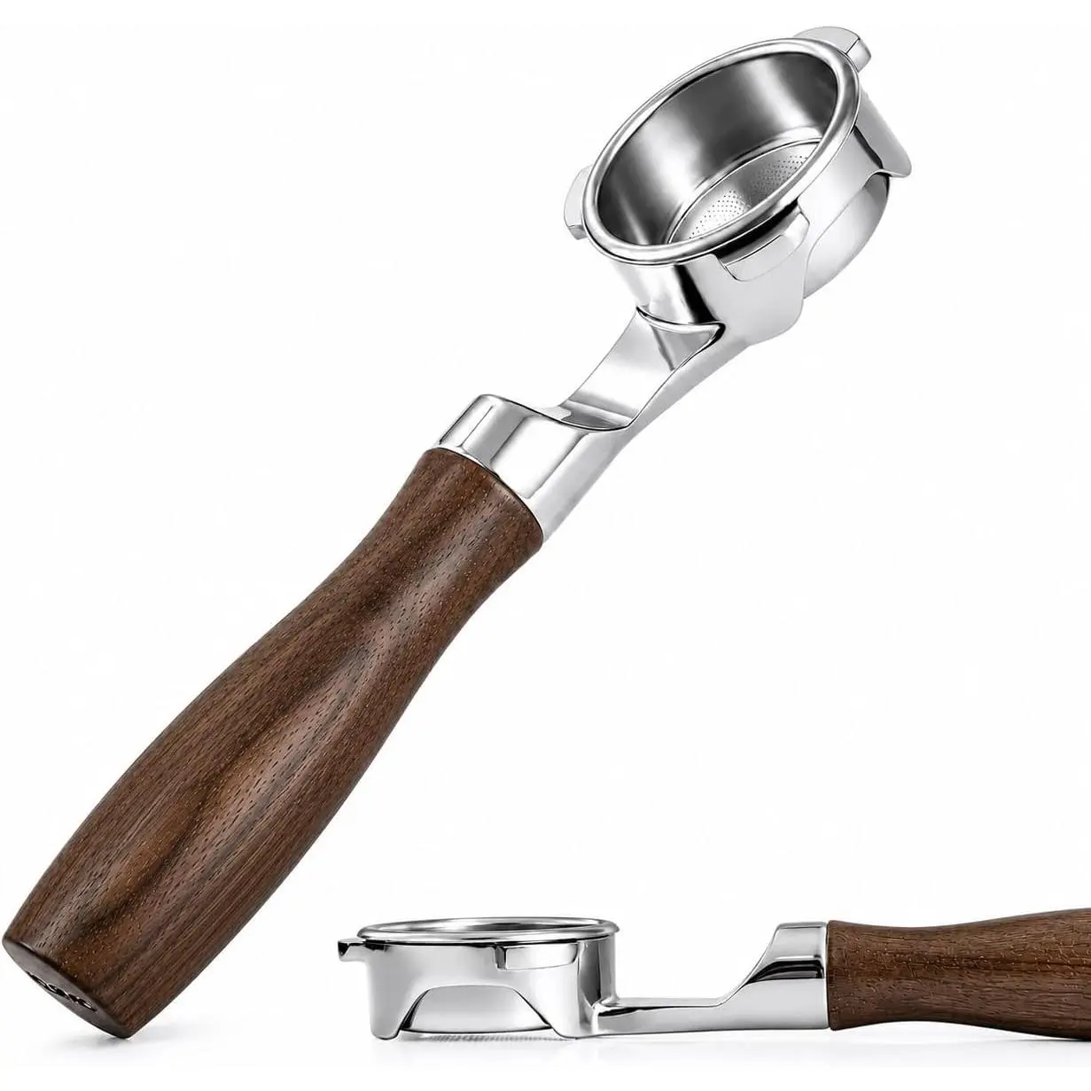 54mm Stainless Steel Bottomless Portafilter with Walnut Handle - Fits Multiple Espresso Machines (Express, Pro, Bambino Plus, Infuser), Lay Flat Design, Detachable Parts, Double Shot Compatible, Open-Side View, Flat Base (Prevents Tipping) for Baristas