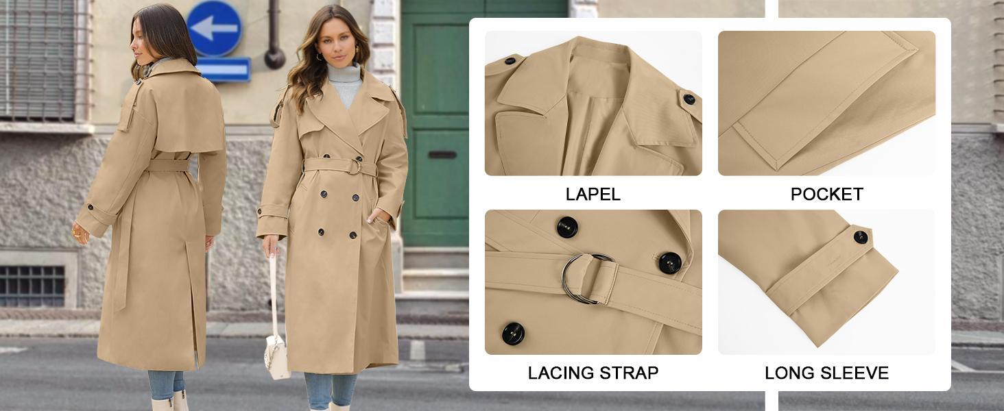 Imily Bela Womens Oversized Long Trench Coat Double Breasted Lapel Windproof Overcoat with Belt