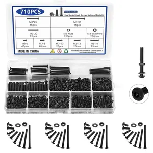 710PCS M3 Screw Assortment Kit, M3x6/8/10/12/16/20/25/30mm M3 Screw Kits, 10.9 Grade Alloy Steel Metric Hex Button Head Cap Screws, Nuts and Flat Washers, Black Zinc Plated Screw Set, Nuts and Bolts Assortment Kit for 3D Printing