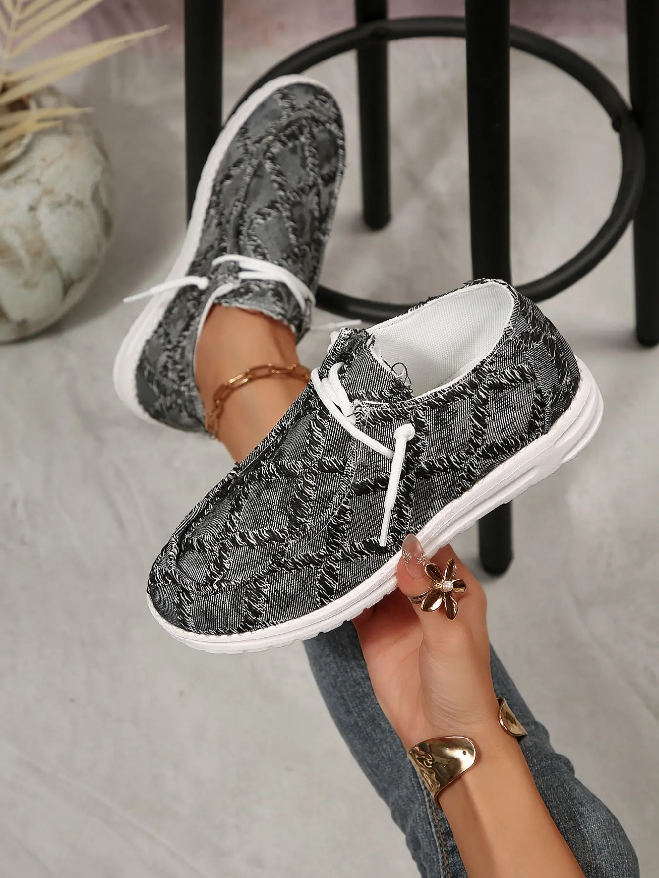 Women Vintage Diamond Jacquard Denim Slip on Shoes, Raw Edge Collar, No-Tie Lace Up, Light Sole, Casual Street Sneakers