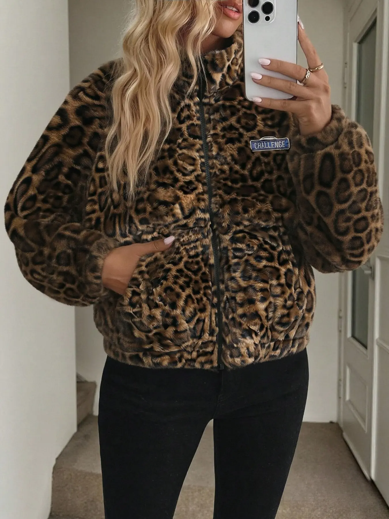 Women’s Leopard Print Fuzzy Fleece Zip Up Crop Jacket, Stand Collar Oversized Retro Streetwear Coat 2026 Hot Item, Ultra Soft Plush Faux Fur Fabric, Full Front Zipper Closure, Drop Shoulder Loose Silhouette, Elastic Hem Cropped Length, Classic Vintage