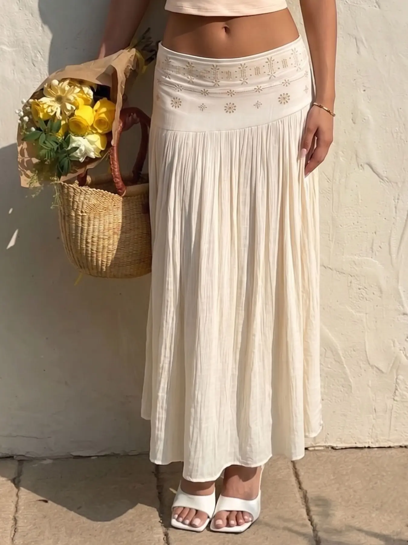 Women's Cream Beaded Loose Pleated Long Skirt Bottoms, Elegant Chic Bohemian Boho Style Summer Dress, Perfect for Vacation, Beach Wear, Casual Fashion Outing