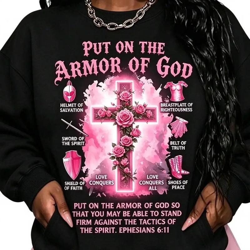Women's Christian Short-Sleeve Vintage Round Neck Cotton T-Shirt - Soft Gothic Top with Armor of God Rose Cross Print, Faith-Based 1-Piece Streetwear, Shortsleeve, Tshirt, Fitted,Hoodie,Sweatshirt,Christmas and Halloween gifts