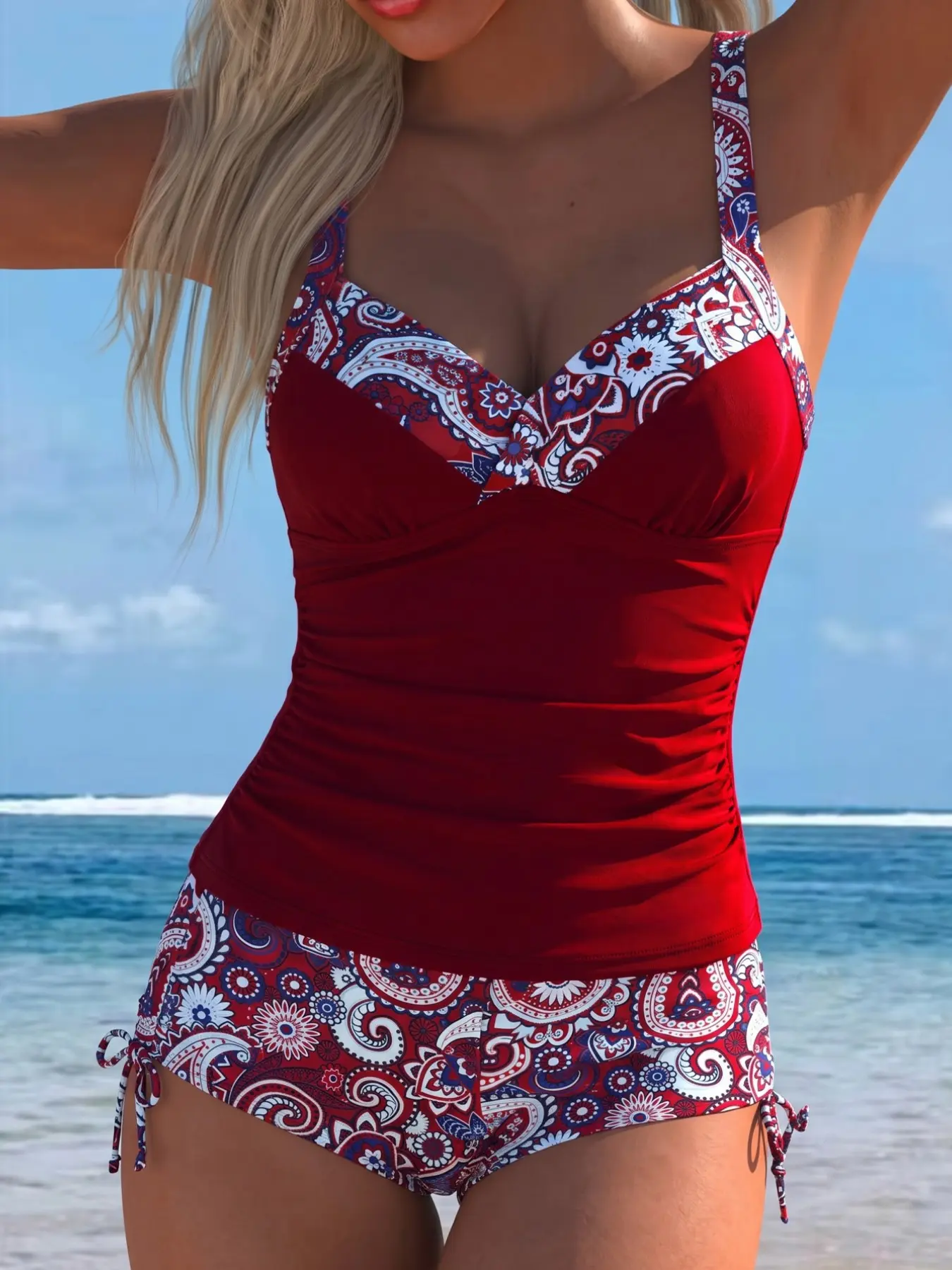 Burgundy Paisley Pattern V-Neck Ruched Bikini Two-Piece Set, Conservative Coverage Vacation Swimsuit, Slim-Fitting Jumpsuit Style