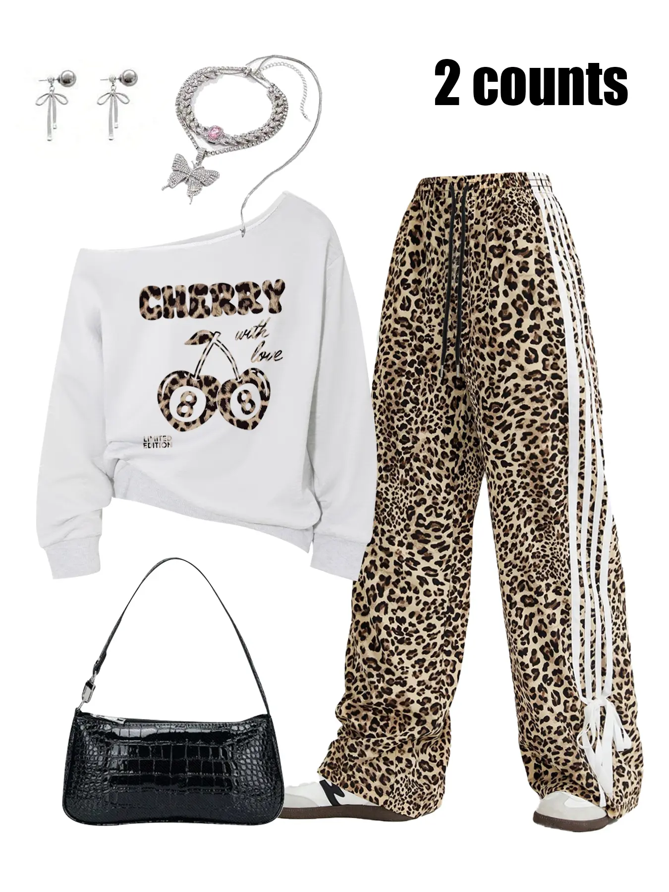 Women's Leopard Print Long Sleeve Sweatshirt & Wide Leg Pants Set, Casual Fitted Design, Spring & Fall Fashion