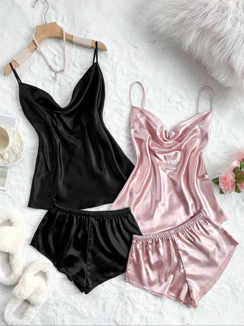 Four-Piece Set Women's Solid Draped Pyjama Set, Casual Spaghetti Strap Cami Top & Shorts, Comfy Loungewear Set for Women Lingerie