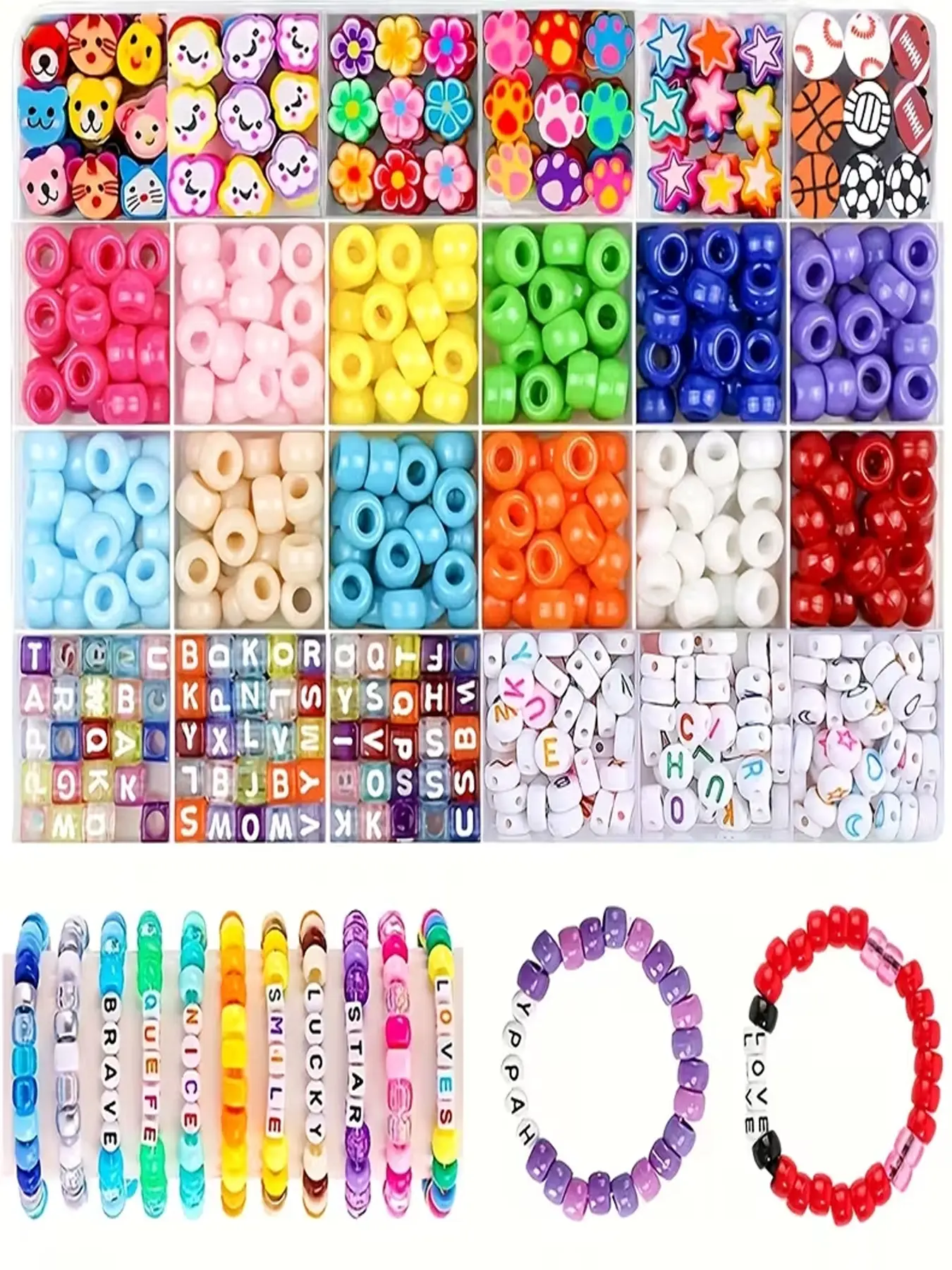24 Color Ponytail Bead Bracelet Set, 6x9mm Acrylic Beads, Large Pack, Jewelry Making Kit, Beading Kits, Friendship Bracelet Set, Kandi Beads, Rainbow Letters