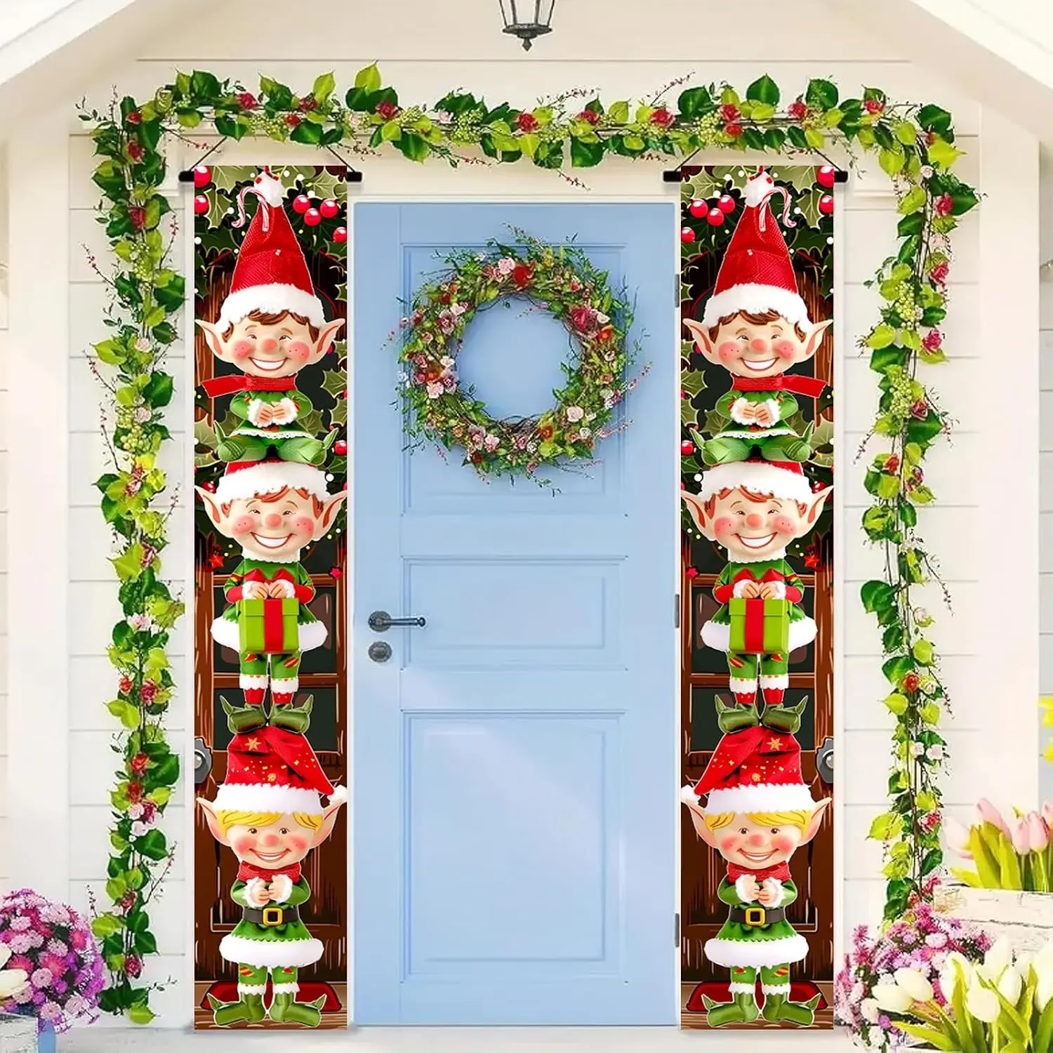 2D Flat Banner Porch Banner 1 Pair, Cute Elf Door Decor, Holiday Gift Box Front Door Hanging Banner, Outdoor Christmas Party Home Decoration