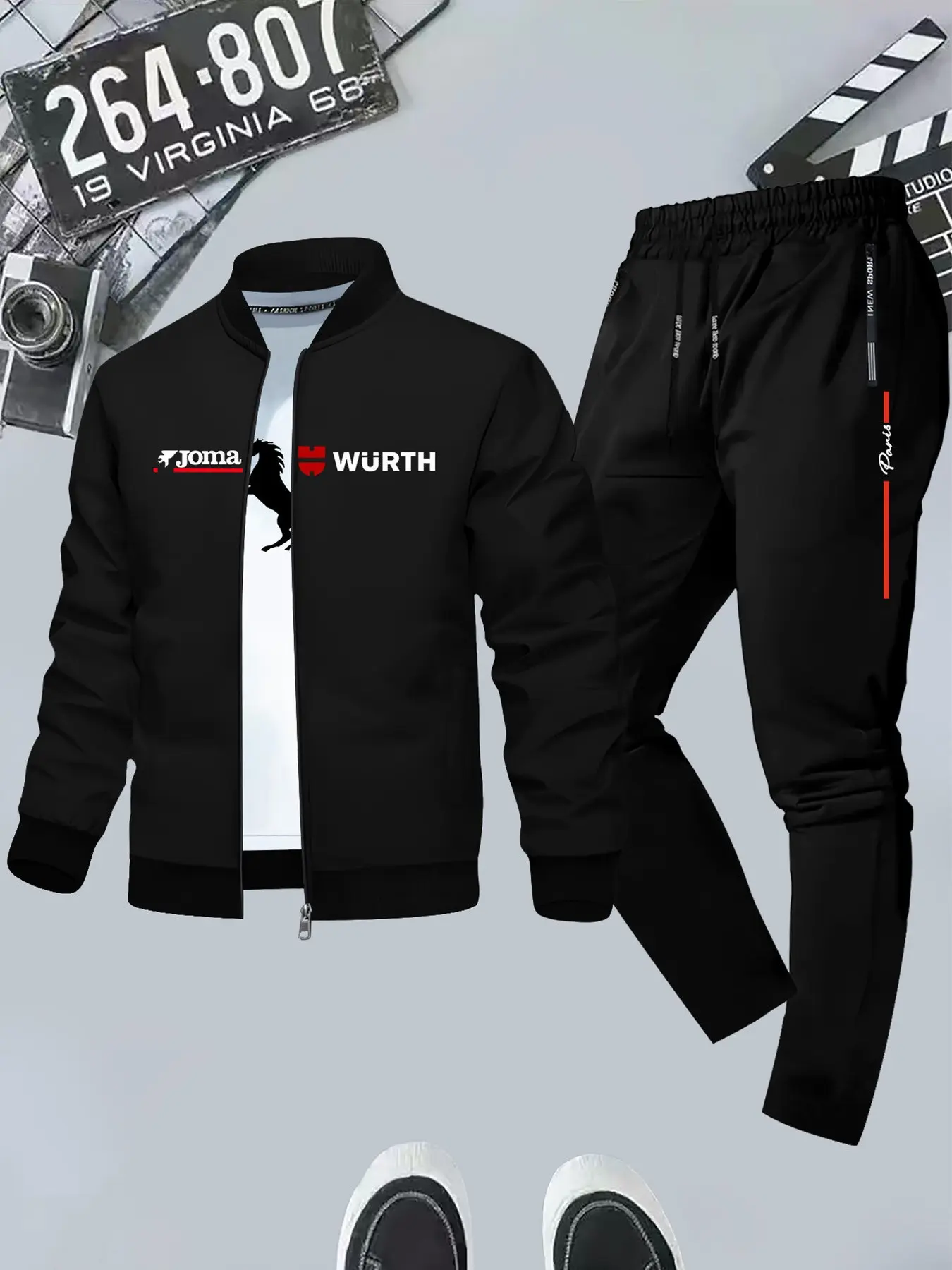 Joma & Würth Horse Print Geometric Jacket, Fitted Casual Outerwear for All Seasons, Stylish Sporty Leisure Set, Men's Clothing