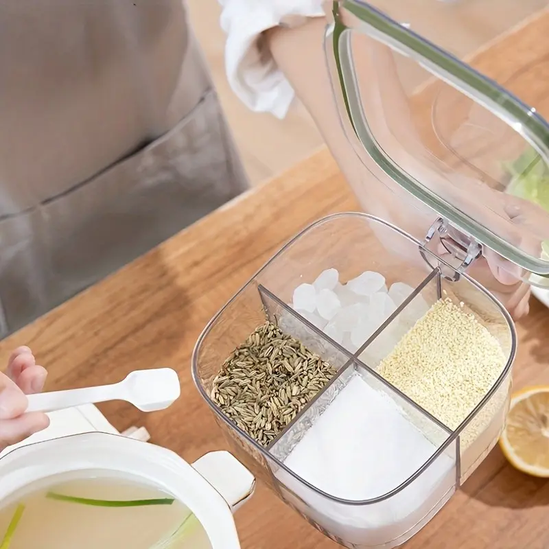 1pc Plastic Kitchen Seasoning Box Household, Sealed Moisture-proof Four-compartment Integrated Salt Flavor Spice Storage Box Seasoning Jar Full Set