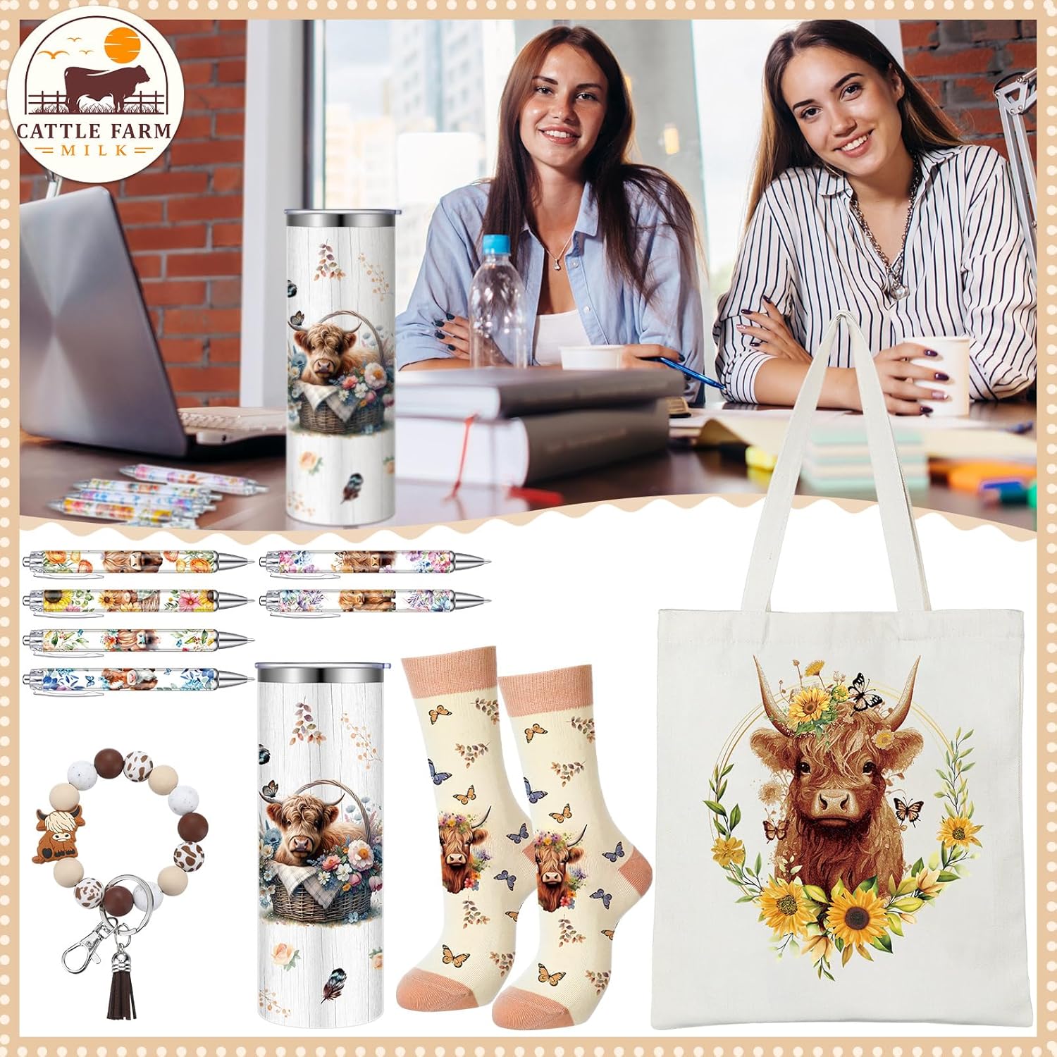 5 count Highland Cow Gifts Set for Women Cow Lovers 20 oz Highland Cow Tumbler Cow Floral Canvas Bag Cow Pen Socks   for Mom Sister Cow Lover Christmas Gifts