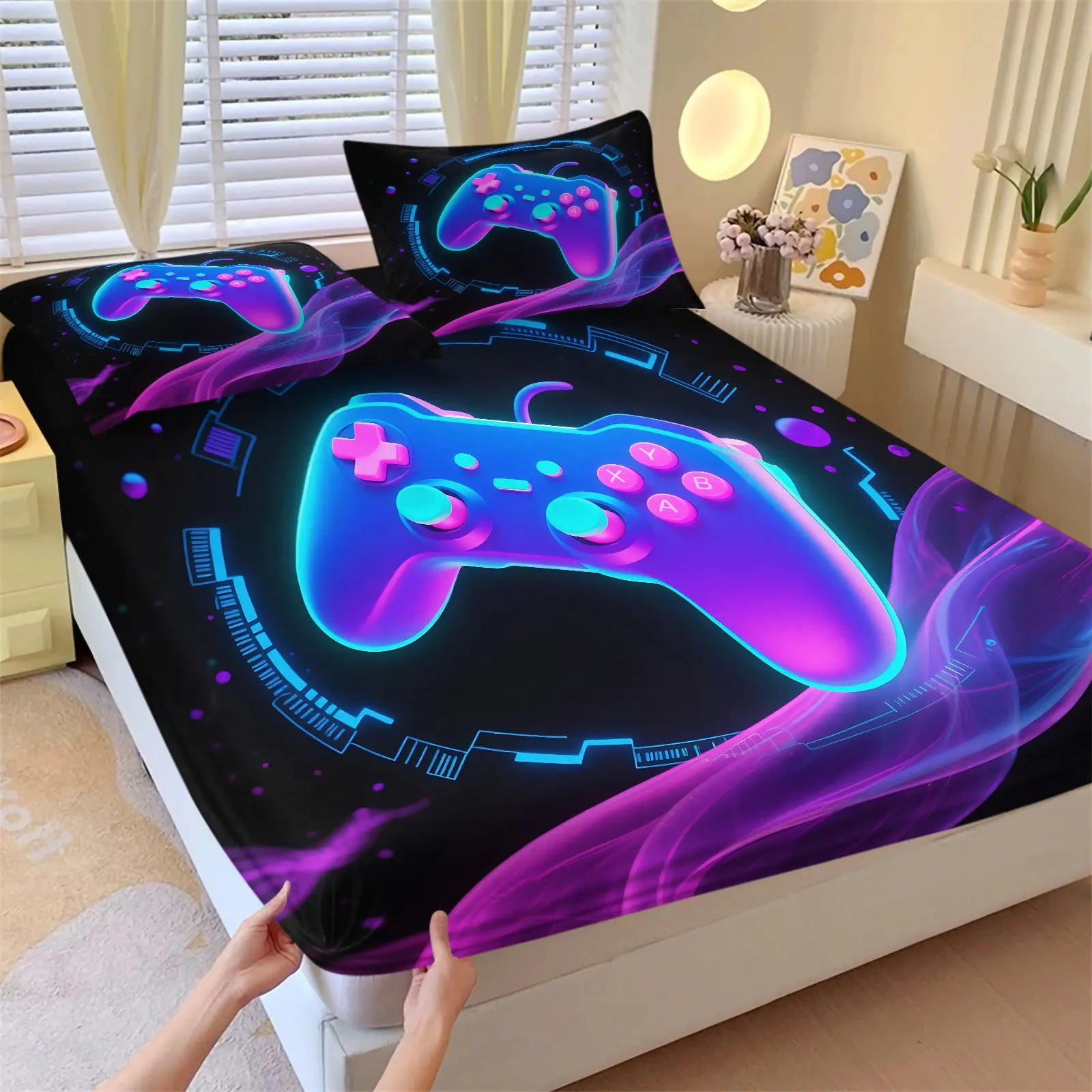Neon Glowing Game Controller Fitted Sheet Set, Include 1 Bedspread and 2 Pillowcases wihtout Core, Breathable Soft Fabric Elastic All Around Mattress Cover, Modern Tech Cyberpunk Black Background E-Sports Gaming Bedroom Bedcap
