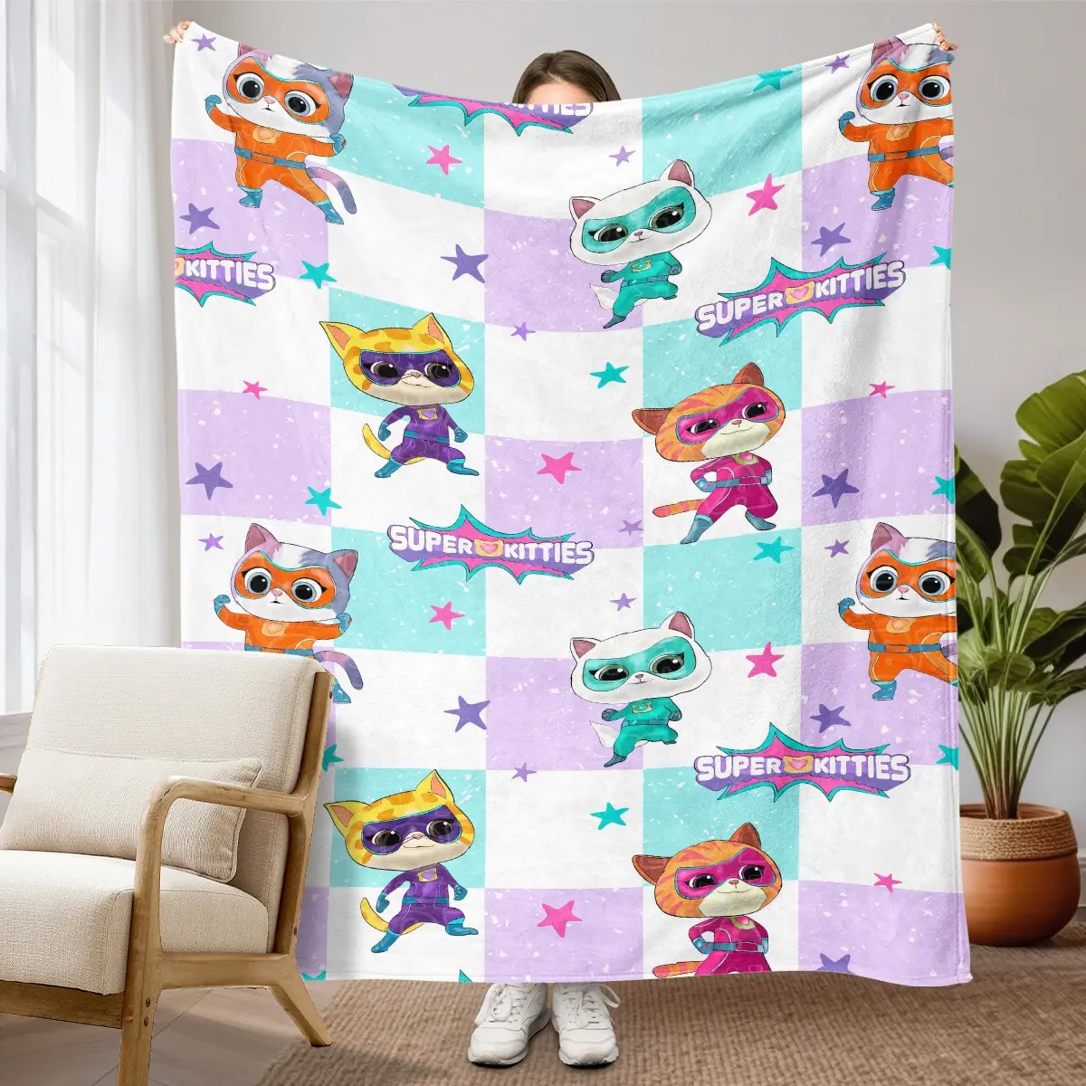 1pc Super Kitties Cartoon Plaid Fleece Blanket, Printed With Super Kitten, Color Plaid, Stars And Logo, Lively Cute Cartoon Decor. Soft Warm Nap Blanket for Sofa, Bed, Office, Shawl, Camping, Travel, Great for Christmas Gifts.