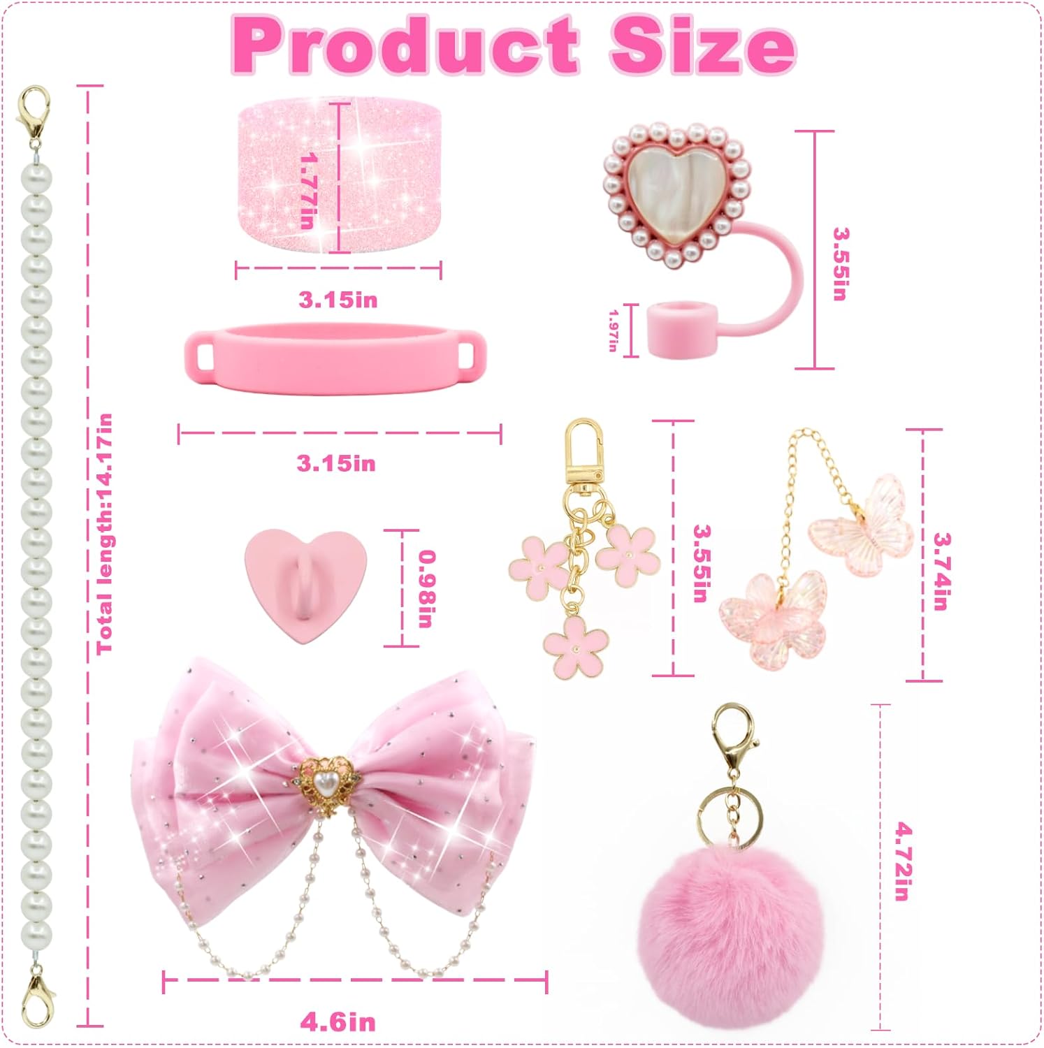 Pink Stanley Cup Accessories Kit with Glitter Bow Straw Topper Heart Cover Pearl Handle Strap Boot Pom Pom Charms for 40 30 20 Oz Tumblers