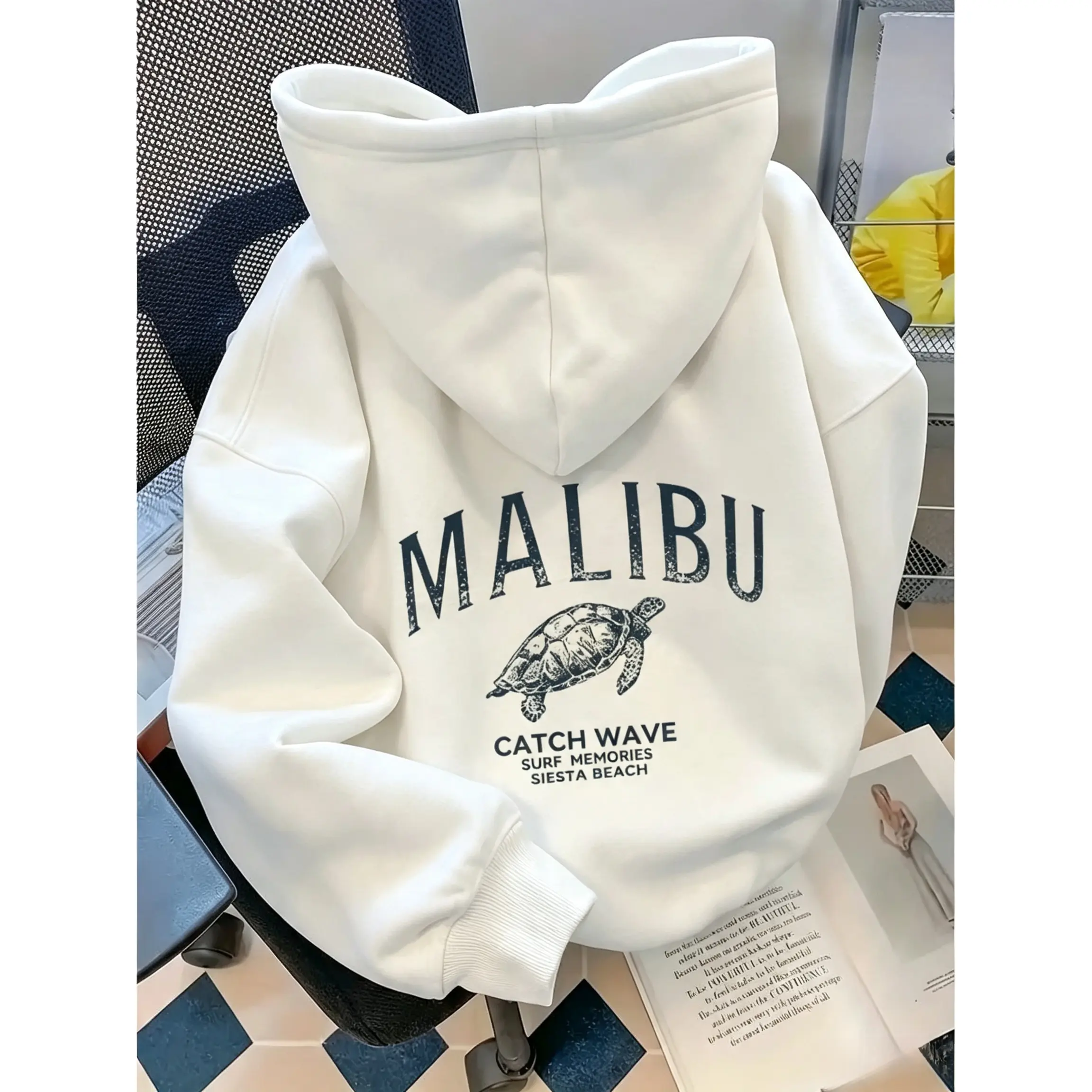 Unisex Retro Graphic Hoodie, Soft Cotton Fleece Sweatshirt with an Adjustable Hood and Malibu Turtle Print, Lightweight for Matching Outfits, Linen, Comfortable