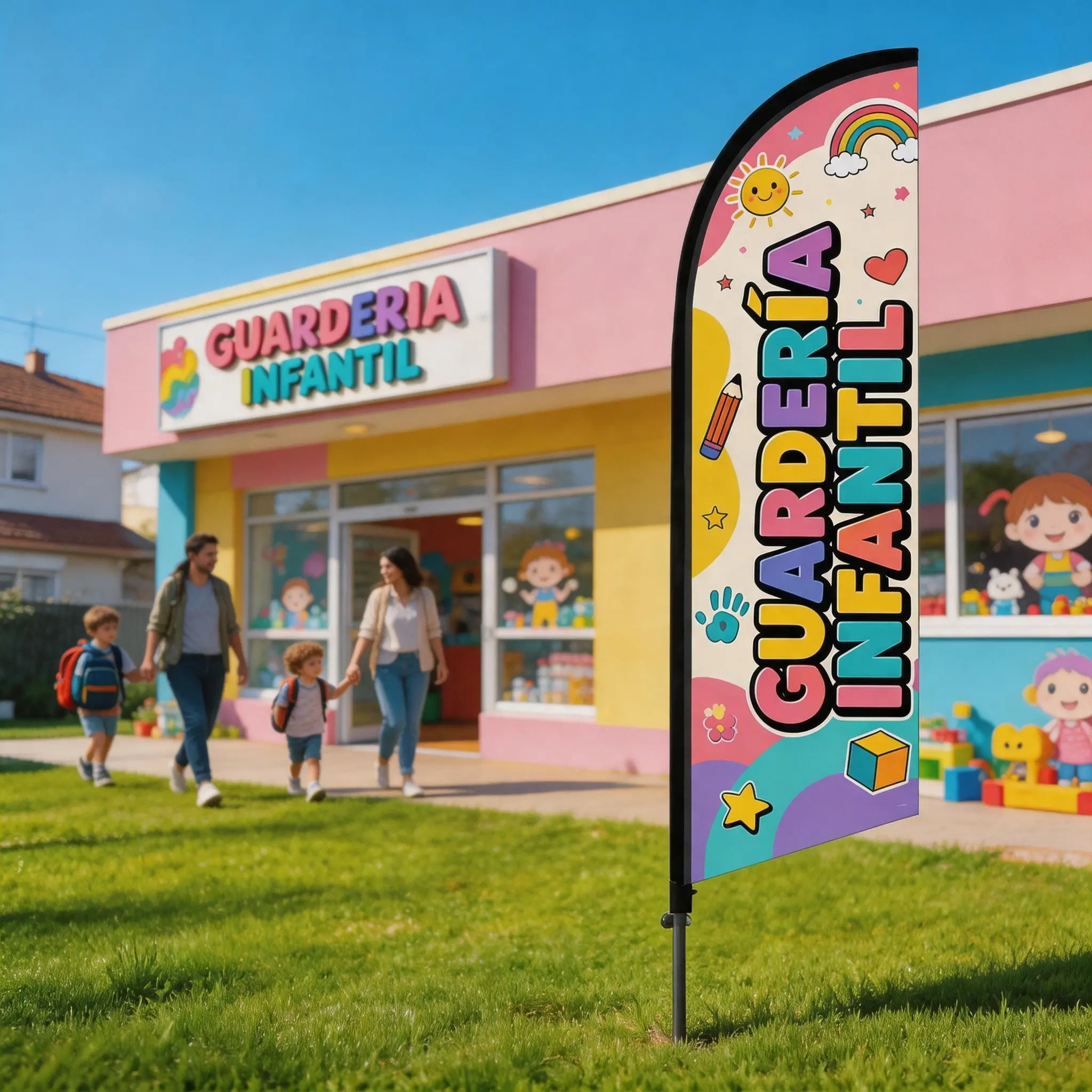 8.5 Ft Feather Flag for Daycare Centers, Waterproof Polyester Banner, Wind-Resistant Single-Sided Print, Outdoor Promotion Tool