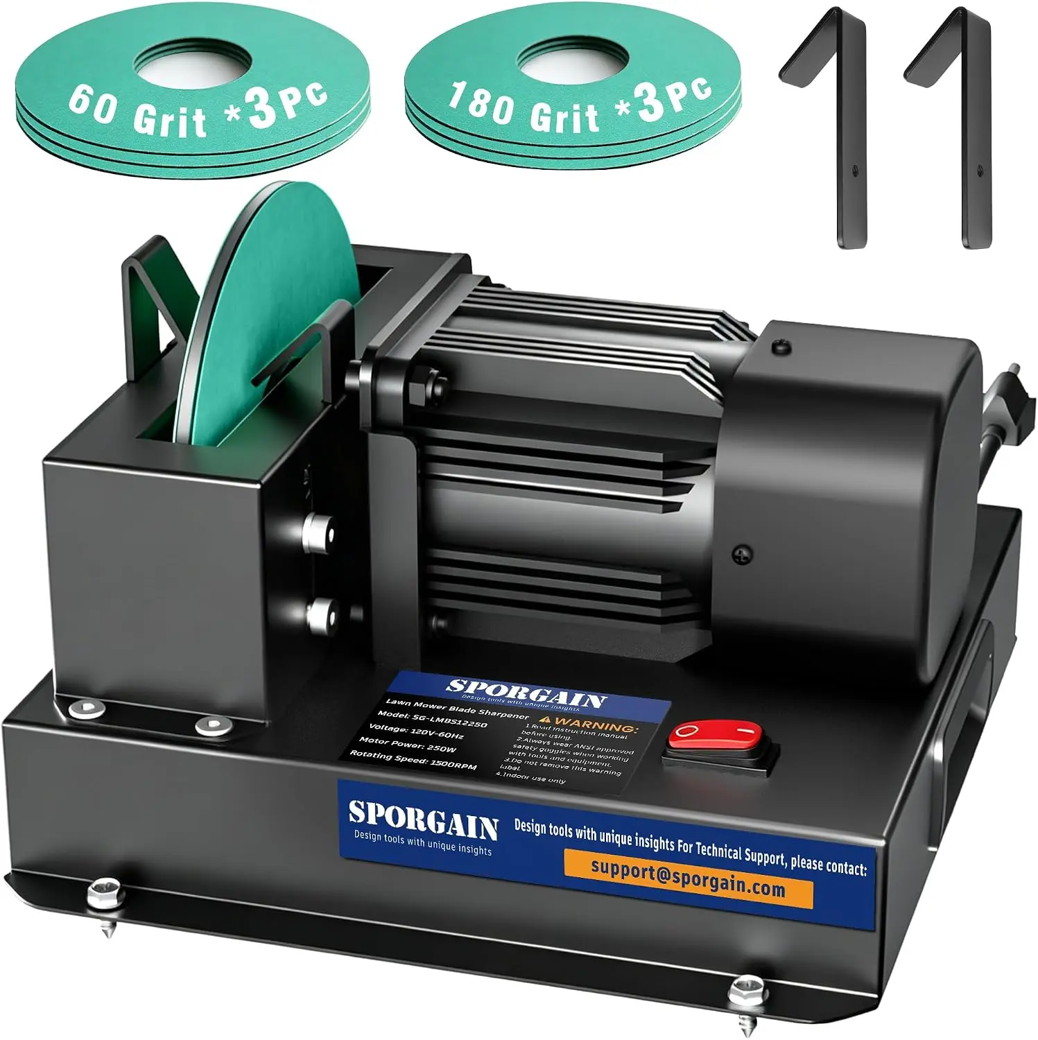 SporGain Updated Lawn Mower Blade Sharpener 1/3HP, 6 Sandpapers 60&180 Grit