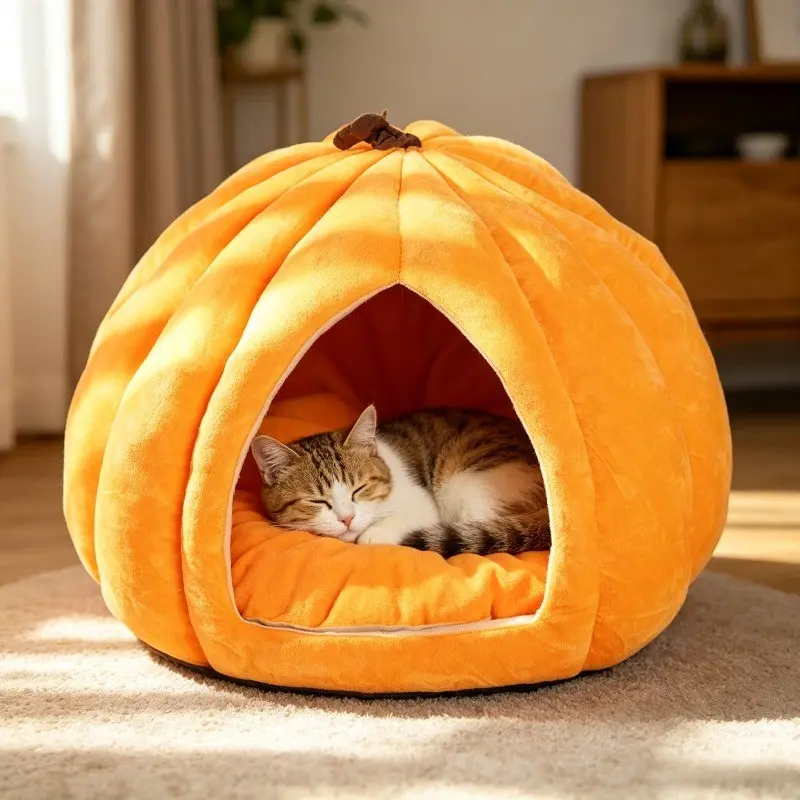 1PC Pumpkin-Shaped Enclosed Cat Bed Cave Suitable for Small Cats, Kittens & Puppies - Soft Plush Pet House with Cozy Warm Cushion, Washable Indoor Sleeping Bed, No Assembly Required for, Fall & Halloween Decor for Small Pets, Cozy Kitten Condo