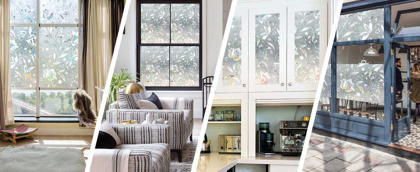 Window Film Floral Stained Glass Window Privacy Film 17.7 x 78.7 inches Front Door Decorative Glass Privacy Film Removable Static Cling Anti-UV Window Cling