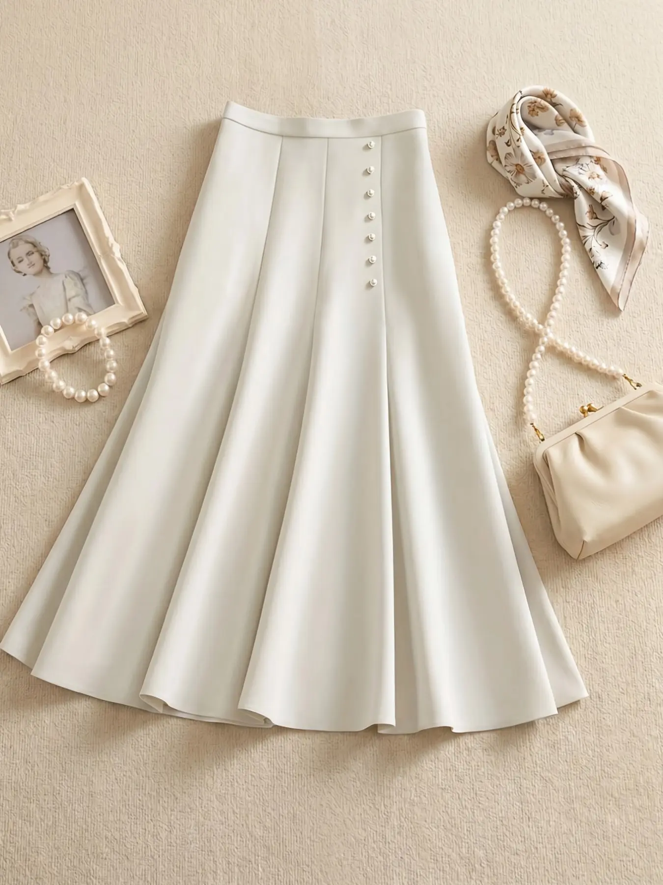 Cream High-Waisted A-Line Casual Comfy Skirt, French Chic Elegant Pearl Button Umbrella Skirt, Office Wear Slimming Mid-Length Flared Skirt, Bottoms