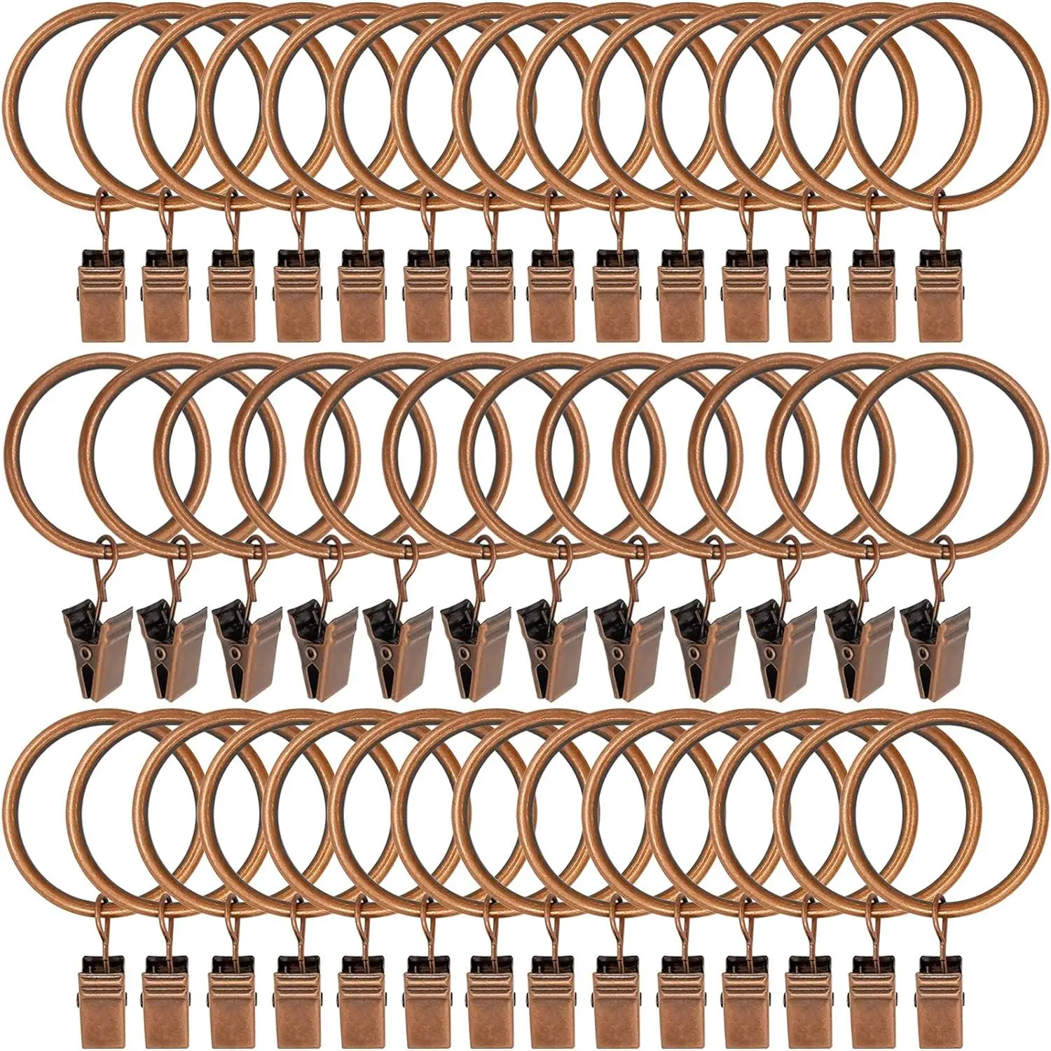 Metal Curtain Rings with Clips, Decorative Window Curtain Hangers Drapery Ring with Hooks Clip, 1.5 Inch Interior Diameter Eyelets, Antique Copper