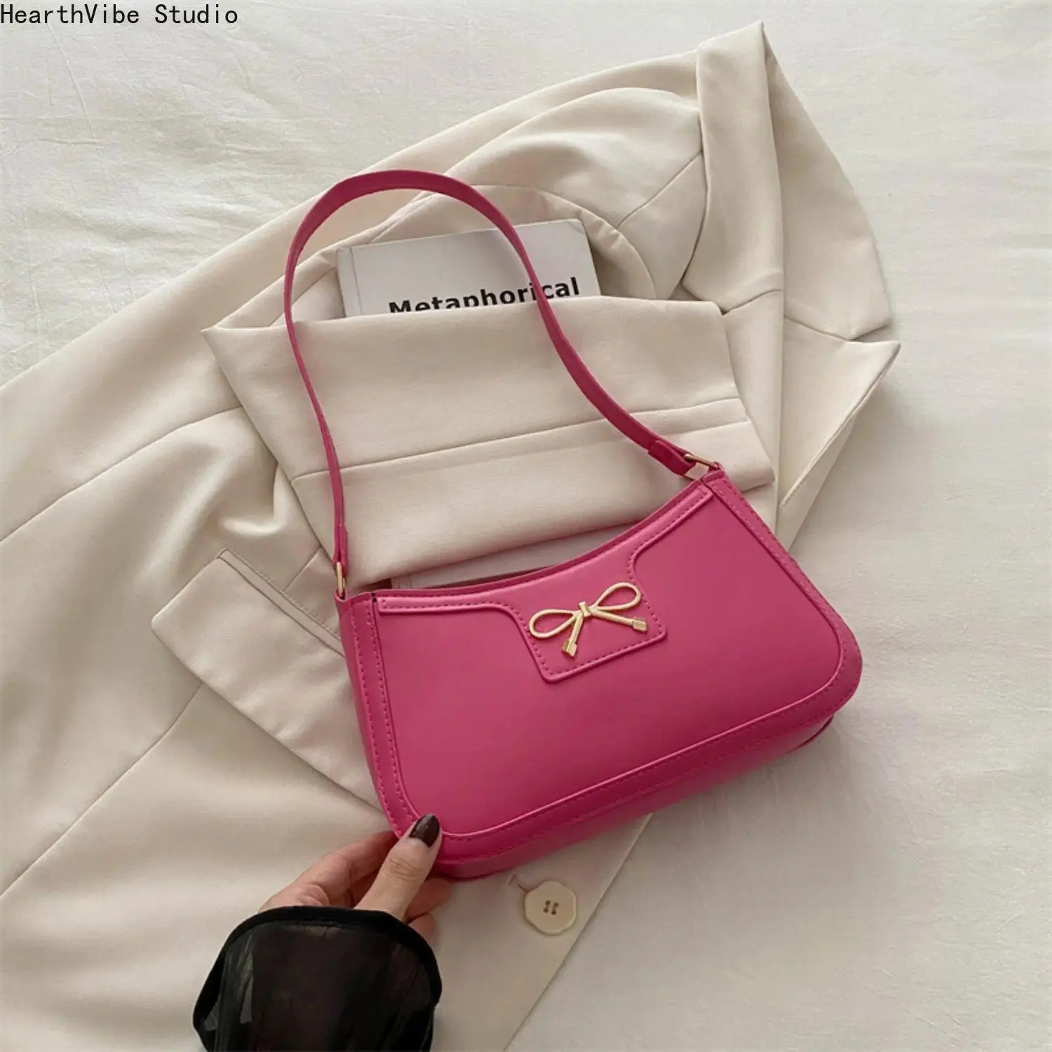Balletcore Solid Shoulder Bag with Bow, Chic PU Leather Crossbody Purse for Women, Versatile Handbag for Office & Gym, Crossbody Bag