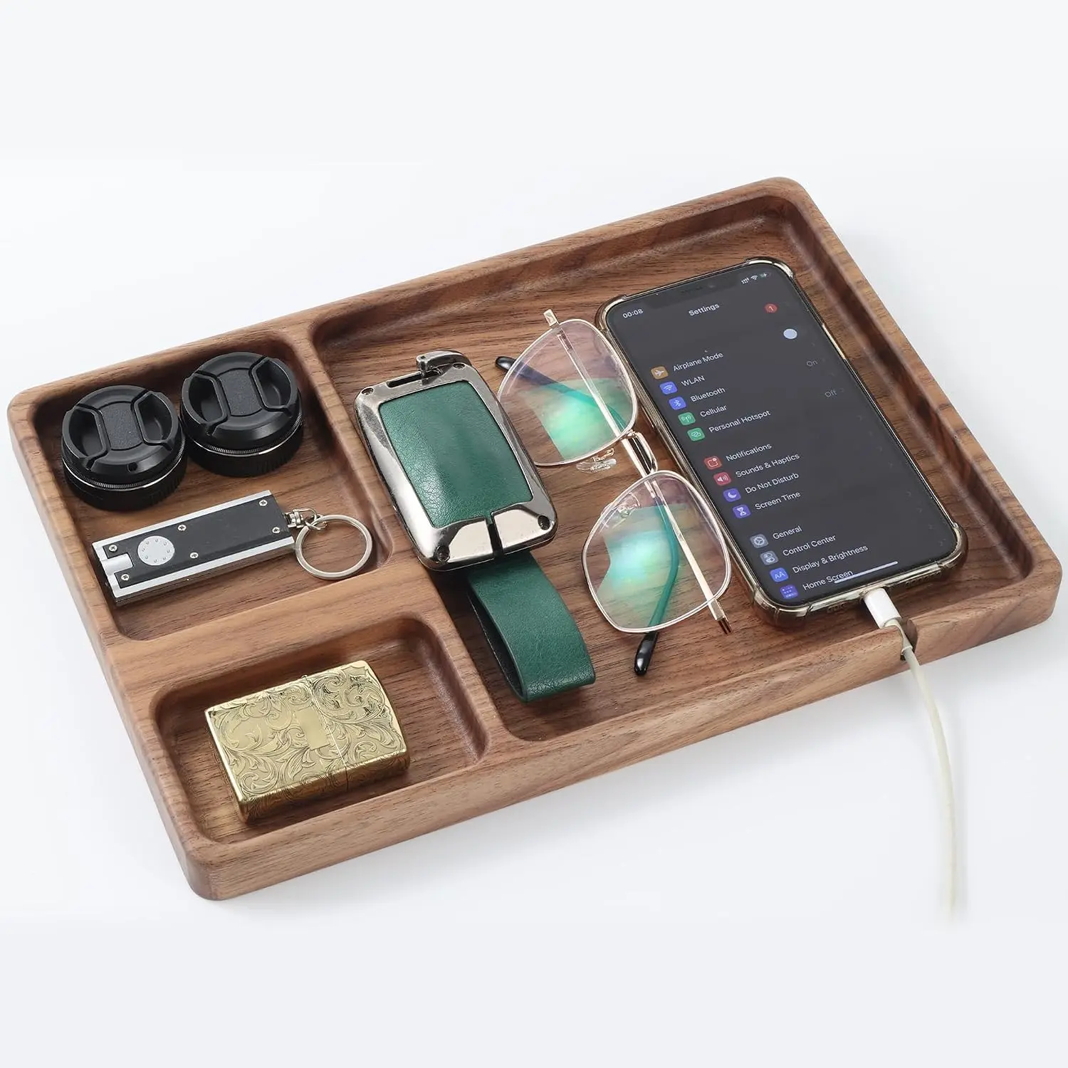 Walnut Wooden Valet Tray EDC Catch All Tray with Cable Slot Bedside Table Organizer for Men Dad 11.4 x 7.9 x 0.8 Inch