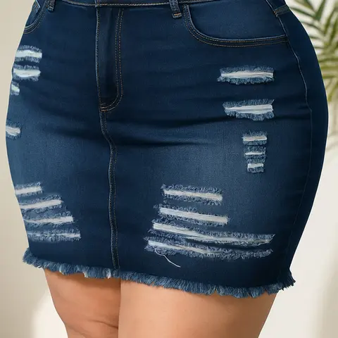 Plus Size Dark Indigo High Waist Denim Bodycon Mini Skirt, Distressed Ripped Frayed Hem, Tummy Control Stretch, Y2K Streetwear for Festivals & Beach, Street Fashion Skirt, Chic
