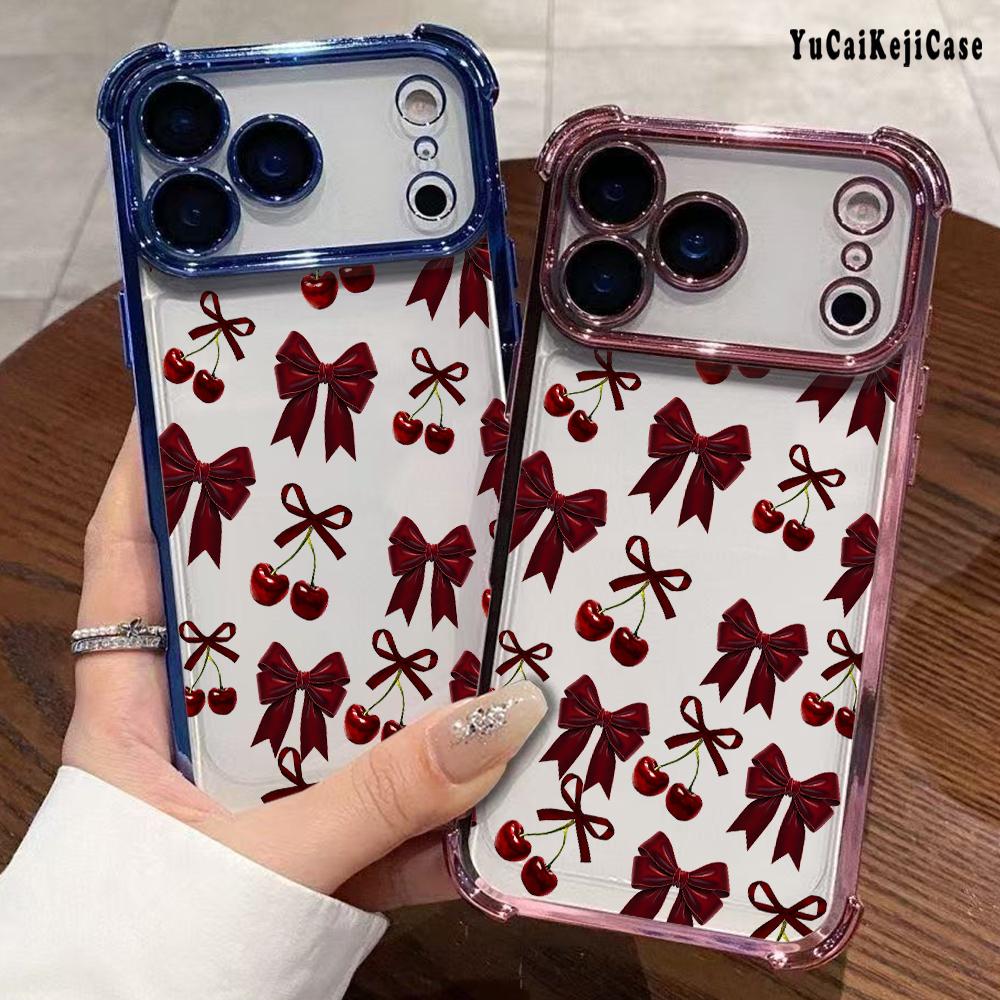 Compatible with Phone Case iPhone 17 Pro Max 16 15 Plus Air 14 13 12 11 E Cherry Bows Pattern Transparent Full Coverage Four Corners Anti-drop Casing