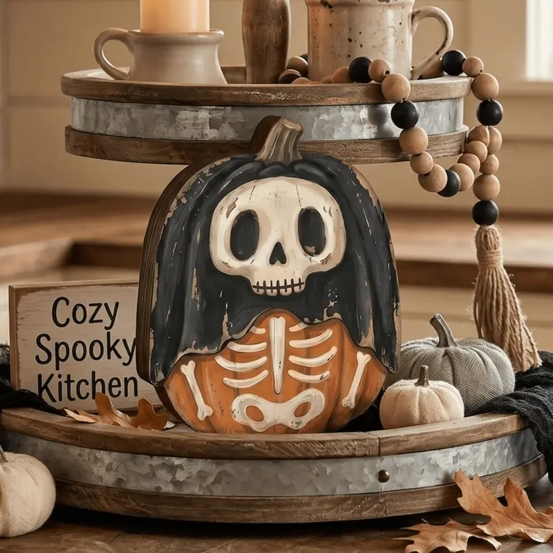 Autumnal whimsical pumpkin-shaped wooden ornaments, cute ghost pumpkins, black cat pumpkins, owl pumpkins, and skull pumpkin decorations