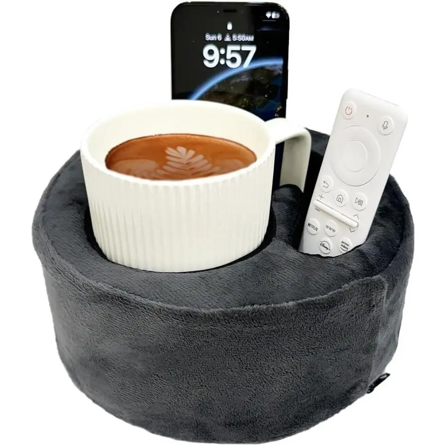 Couch Cup Holder Pillow, Sofa and Bed Organizer Caddy for Drinks, Remotes, Phones (Gray)