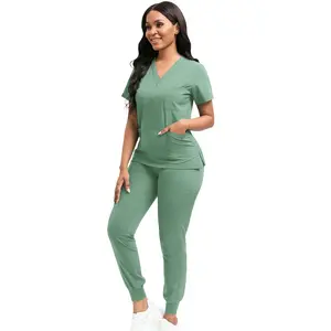 Women's V-Neck Scrub Suit Set, 2-Piece T-Shirt Top & Tapered Jogger Pants with Drawstring, Nursing Uniforms for Pet Hospitals, Dental Clinics & Medical Work