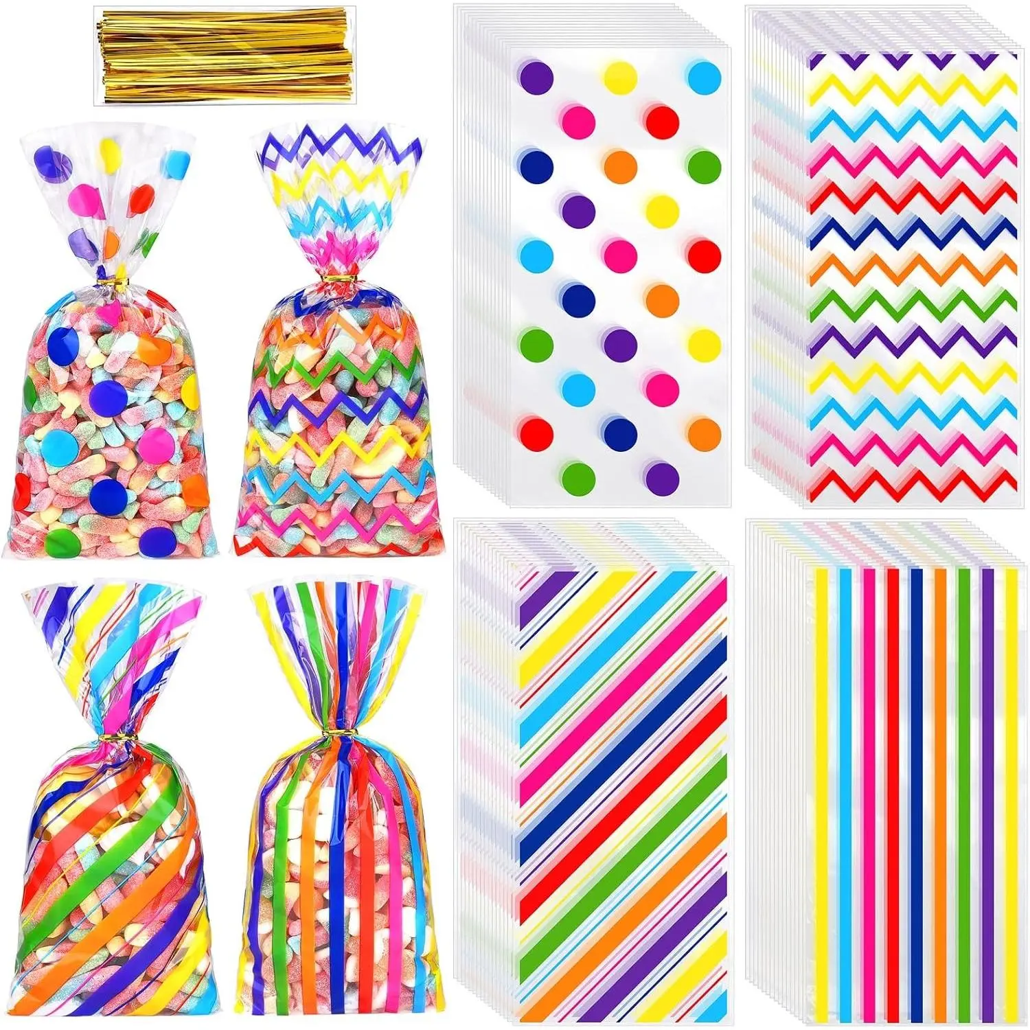 100 Pieces 10.6 x 5.1 In Rainbow Cellophane Bags Plastic Candy Gift Bag Cellophane Treat Bags with Twist Ties Stripes Polka Dot Printed Pattern Goodie Bag for Birthday Weddings Party Favors