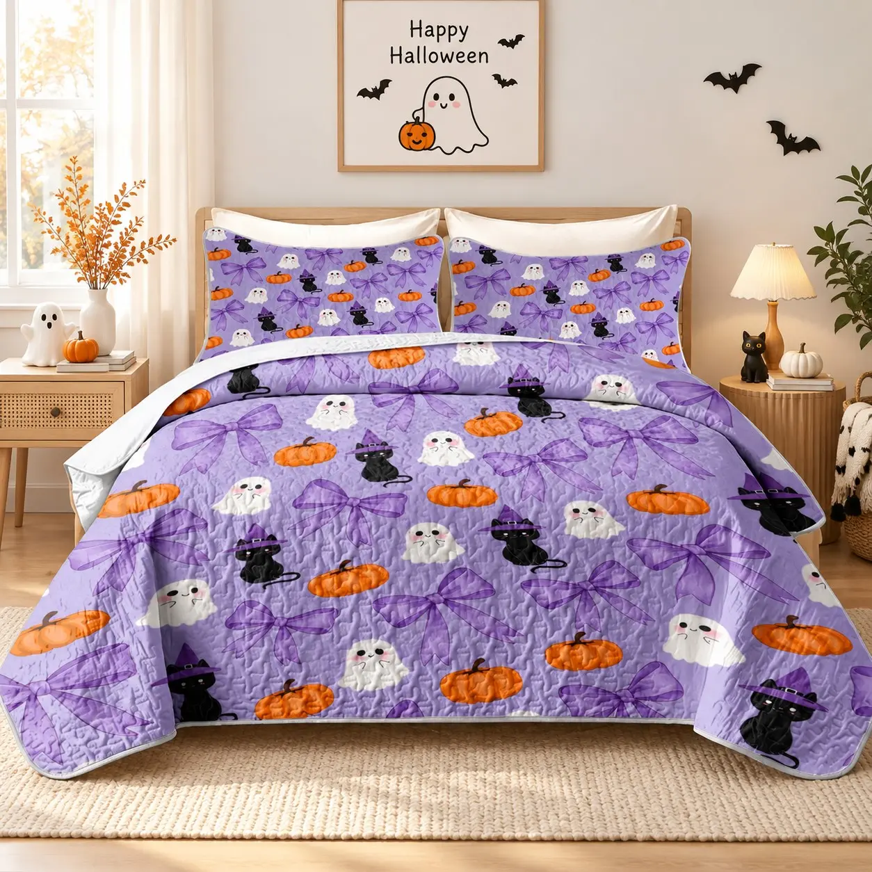 3 Pcs Halloween Bedspread Quilt Set, Purple Ghost Black Cat Pumpkin Bow Print, Quilted Coverlet with 2 Pillow Shams, Spooky Cute Fall Bedding, Printed Bedding Set, Bedroom Decor, King Size Bedspread, Queen Size Bedspread & Full Size Bedspread