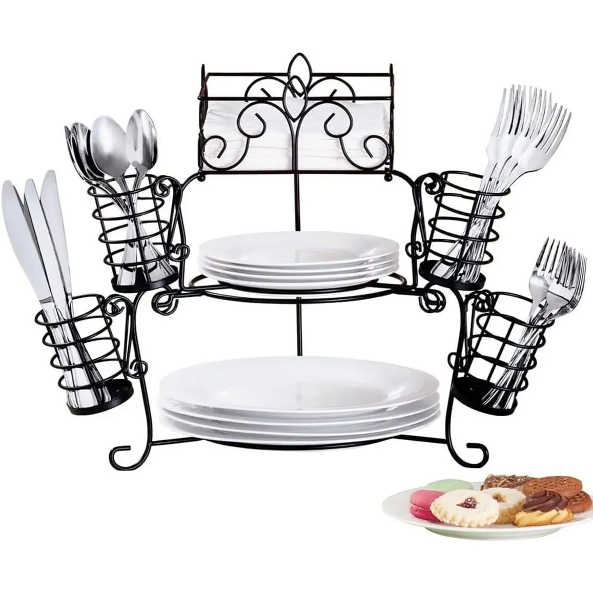 Metal Buffet Organizer with Scroll Design, 7-Piece Set for Plates, Napkins and Cutlery