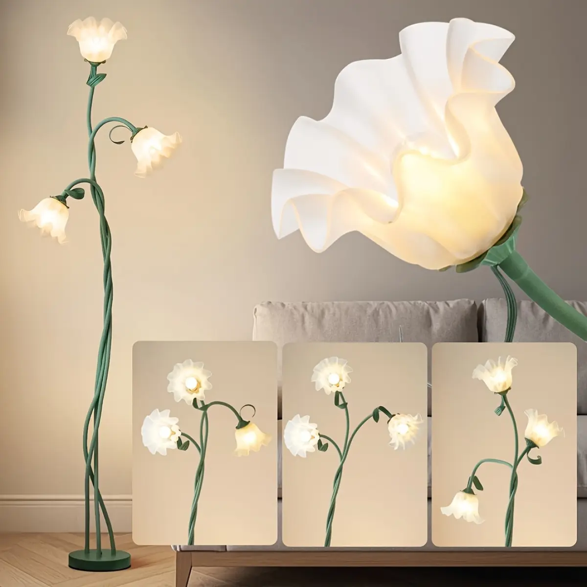 Floral Shaped Colored Ambient LED Floor Lamp - Decorative Green Flower Design with 3 Flexible Gooseneck Arms, Soft 3-Color Mode Lighting, Tall Book Nook Accent Lamp for Bedroom, Living Room Corner, Colored Ambient Led Lighting Floor Lamps
