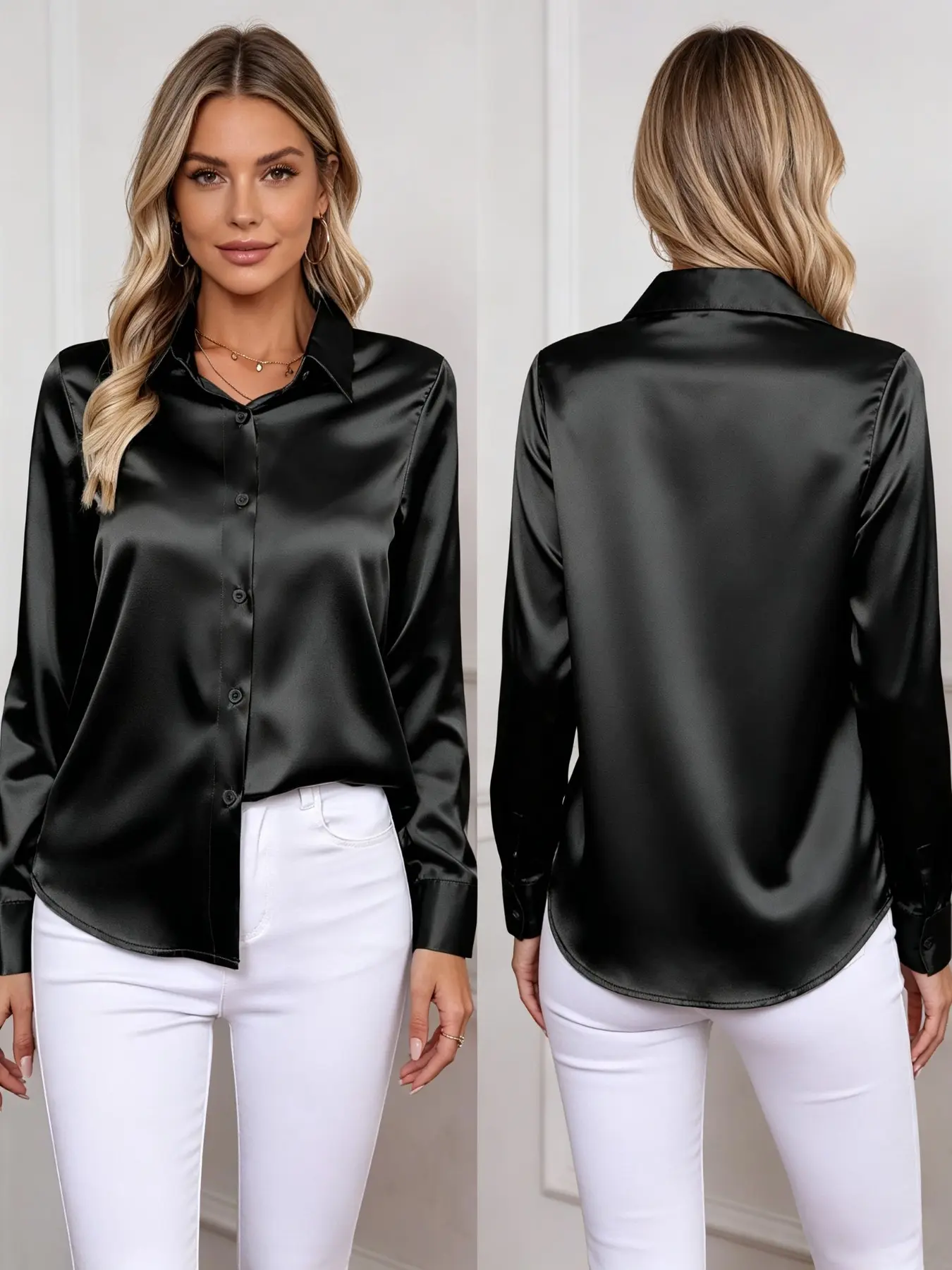 Elegant Women's Long Sleeve Button Front Shirt, Solid Color, Casual Style, Perfect for Daily Wear, Office, Parties, and More