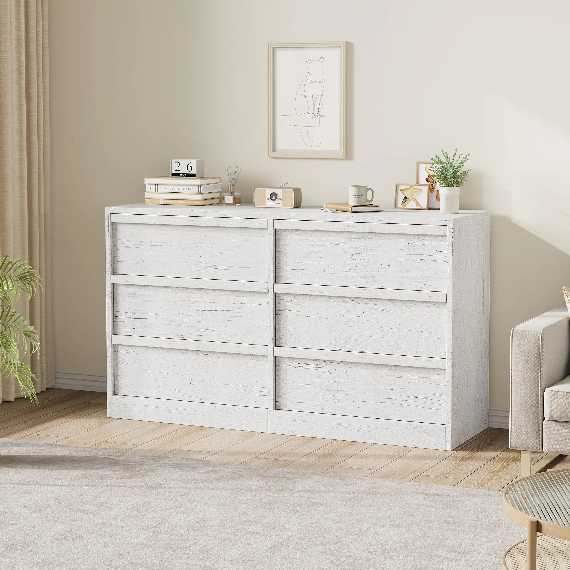 Garvee 6 Drawer Dresser for Bedroom, 46" Wide Chest of Drawers with Large Storage, Wooden Double Dresser Organizer for Living Room, Nursery, Closet