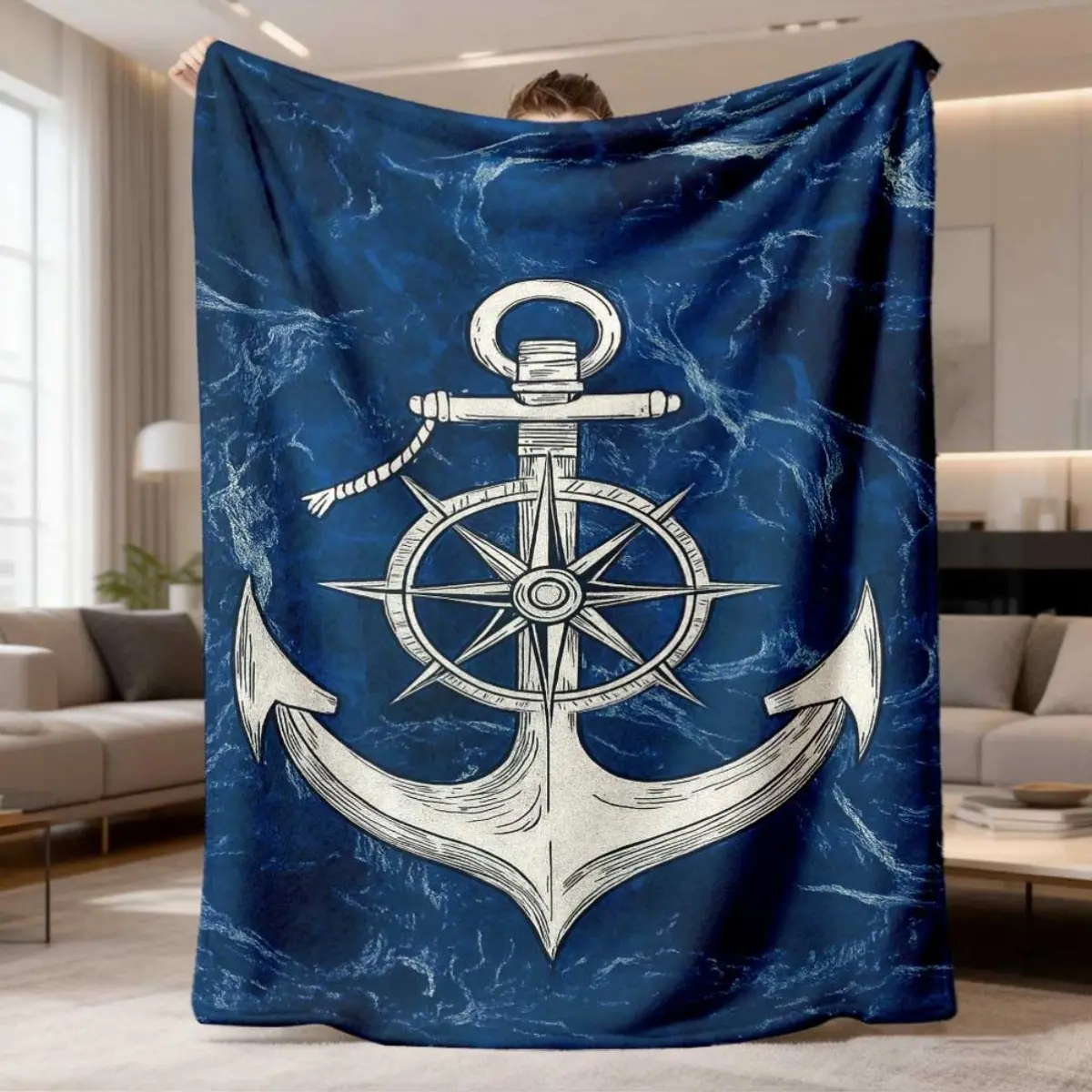 2026 New Flannel Blanket 1pc with Nautical Anchor & Compass Design - Lightweight, Soft & Warm, Blue Marble Pattern, Ideal for Sofa, Outdoor Use, Camping, Living Room, Office, Chair, And Bed - Machine Washable Polyester