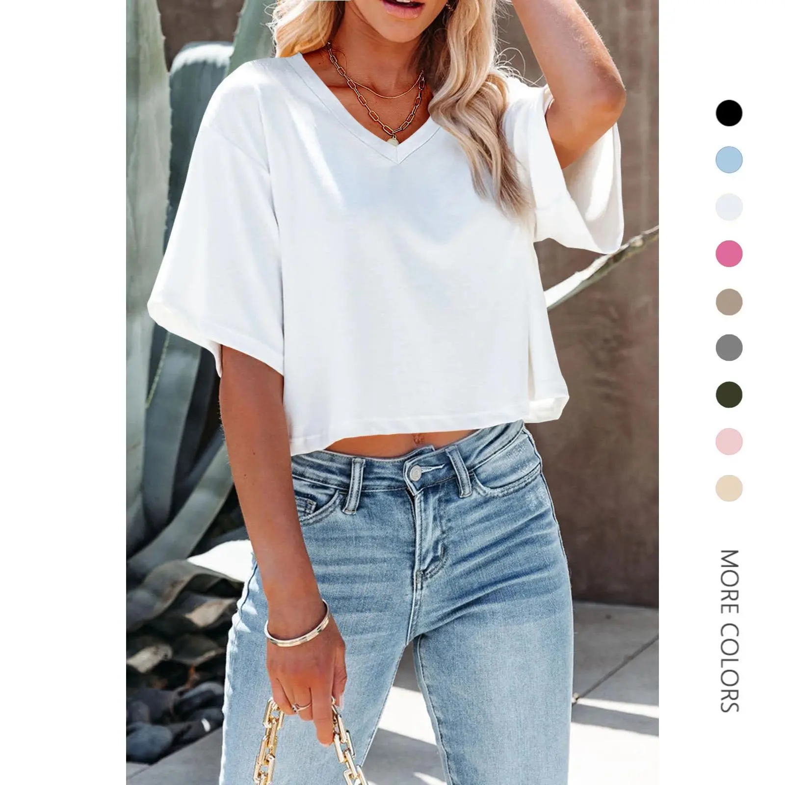 Lady's Casual V-Neck Short Sleeve Crop T-Shirt - Plain Lightweight Drop Shoulder Minimalist Street Top, Sport-to-Party Wear with Streetwear Polish & Easy Vibe, Waist-Showing Basic for Workdays & Weekends