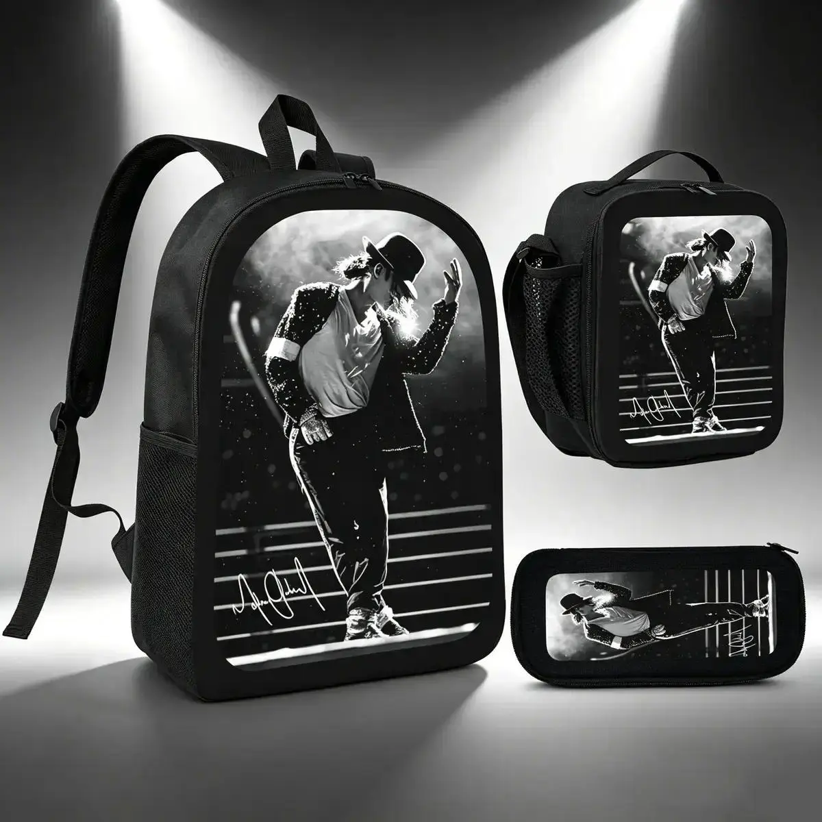 Michael Jackson Backpack Set 3Pcs Lunch Bag Pencil Case Pop Music Theme Lightweight Travel Backpack TikTok Viral MJ Dance Style Fan Gift