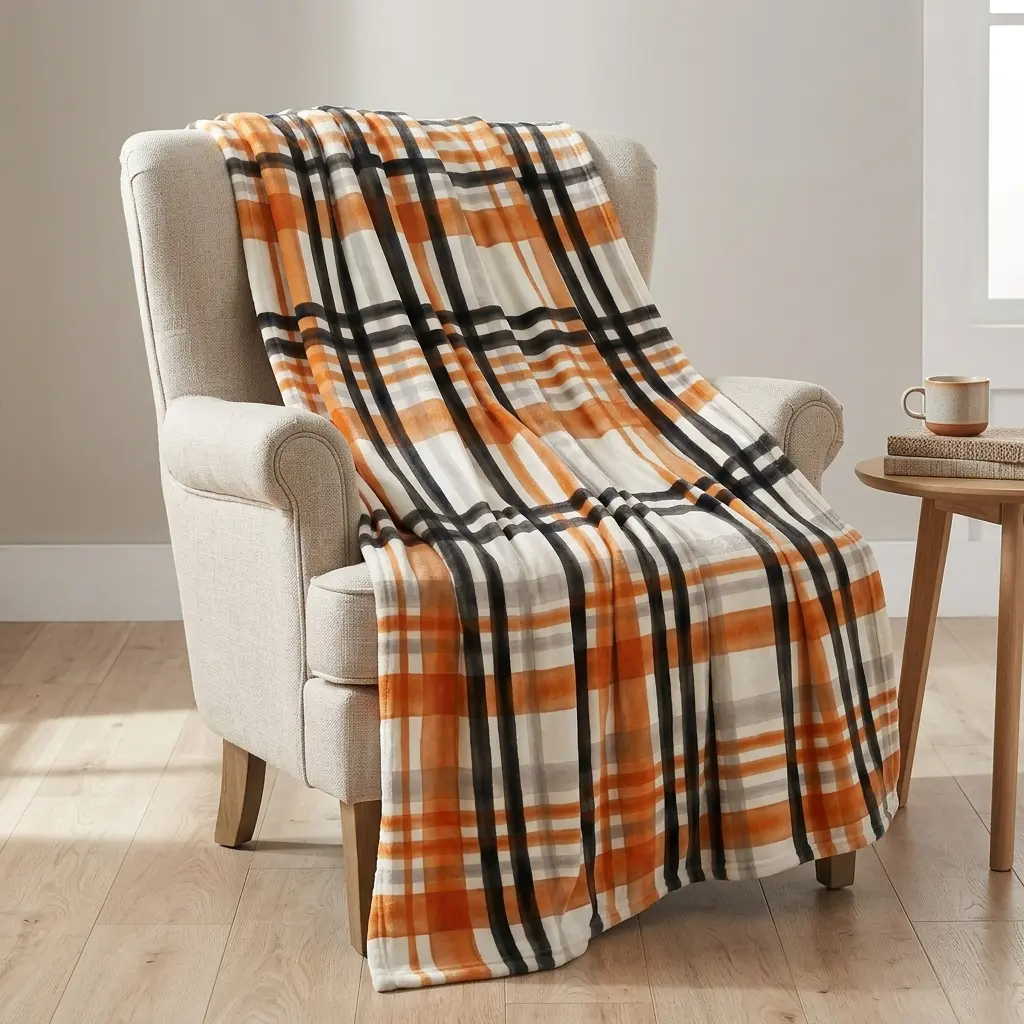 Watercolor Soft Faded Orange Black White Buffalo Plaid Flannel Throw Blanket, Farmhouse Fall Halloween All Season Soft Warm Blanket for Bedroom Sofa Couch Bed Decor Gift 0713Y（59）