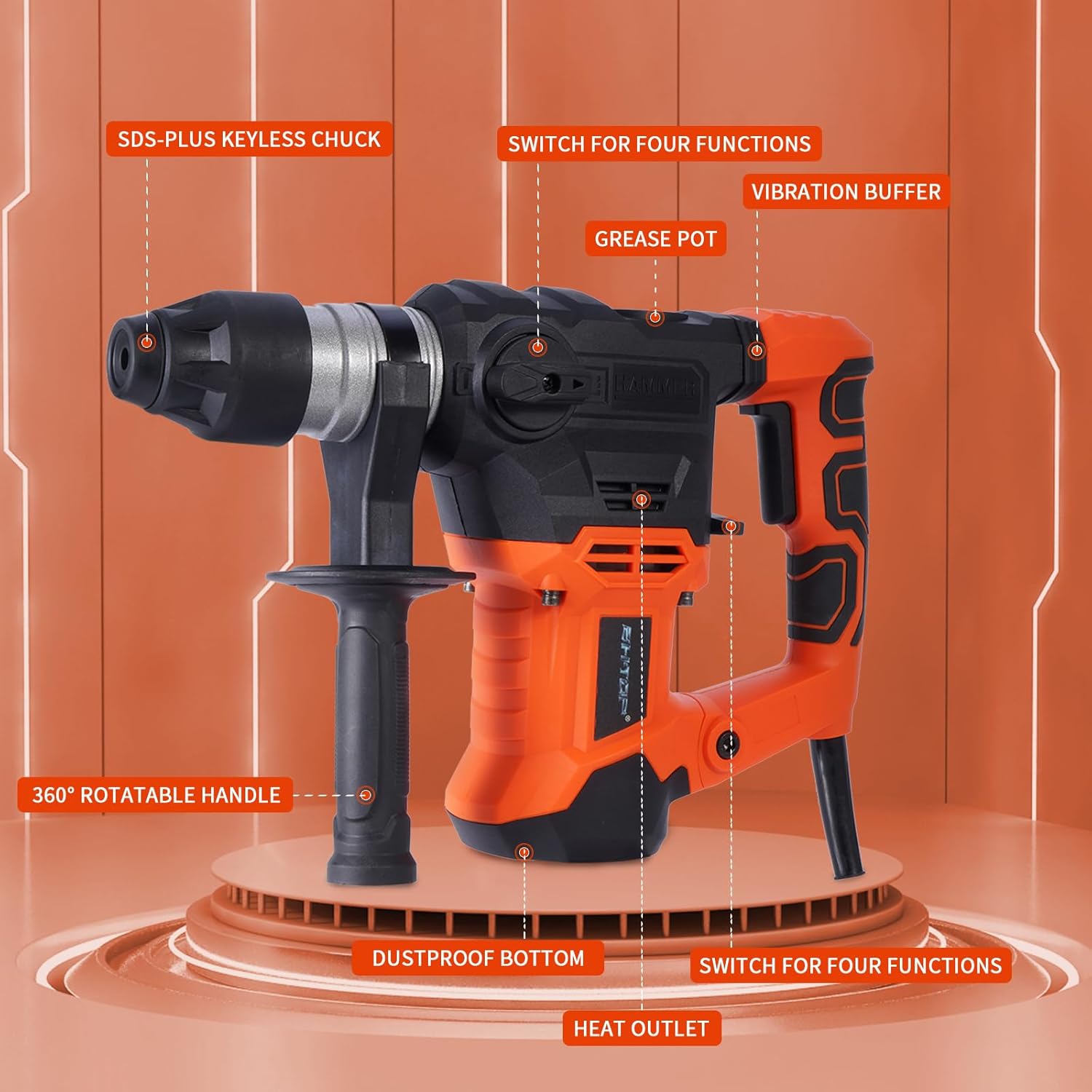 Demolition Jack Hammer for Concrete,1-1/4 Inch Hammer Drill with Safety Clutch 4 Functions Cand Variable Speed with Drill Bits and Chisels for Concrete, Stone, Brick, Storage Case Included Demolition Jack Hammer for Concrete,1-1/4 Inch Hammer Drill with Safety Clutch 4 Functions Cand Variable Speed with Drill Bits and Chisels for Concrete, Stone, Brick, Storage Case Included