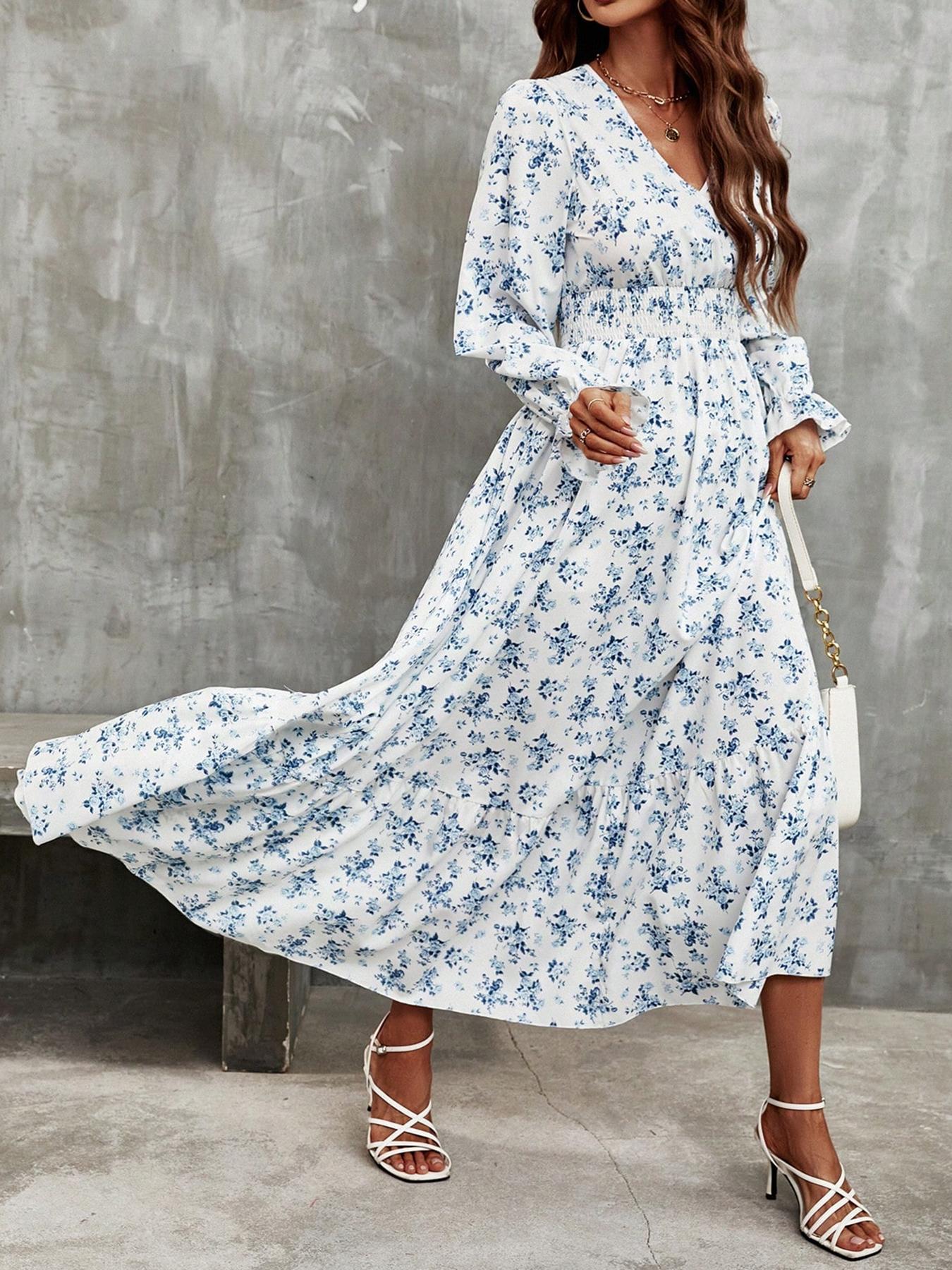 Women's Long Sleeve V Neck Fitted Woven Dress, Casual Elegant Style, Perfect for Daily Wear & Leisure Activities, All Season Comfortable, Spring