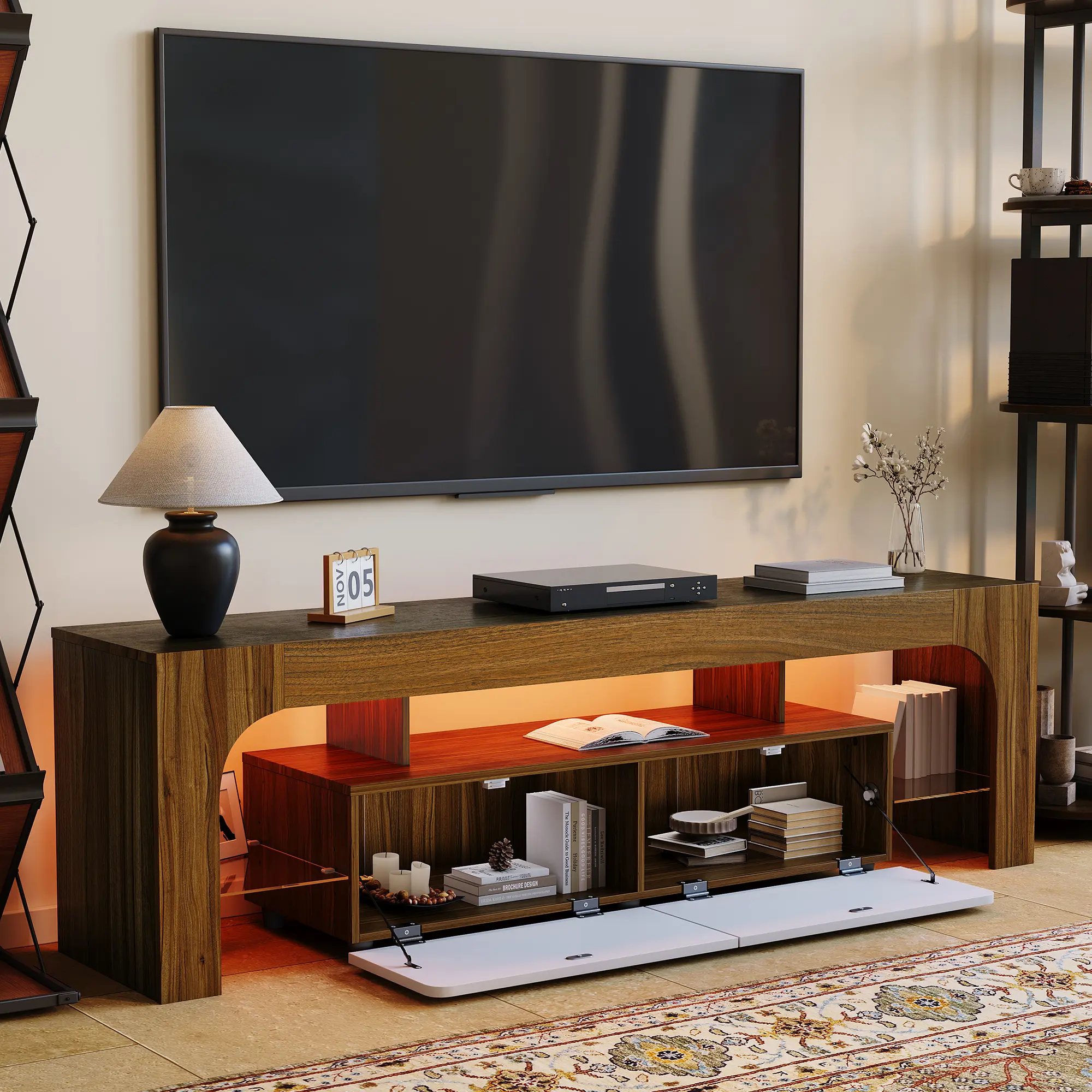 Modern LED TV stand features remote-controlled LED lights, 2 drawers and open shelf. Ample storage, compatible with TVs up to 70 inches