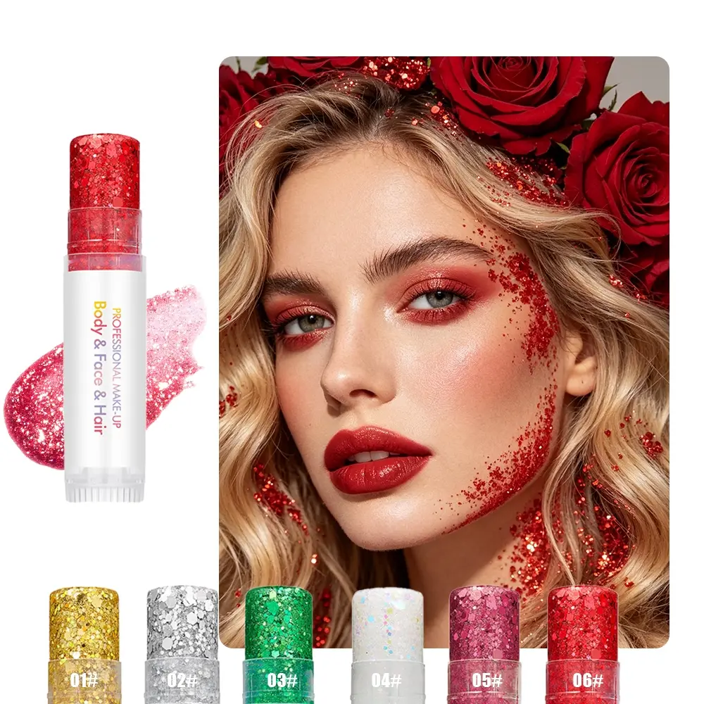 Roll-on Body Glitter Gel Stick, 6 Colors Chunky Face Hair Glitter, Long Lasting Holographic Sequins Glitter Makeup for Christmas Halloween Party Stage Cosplay Festival
